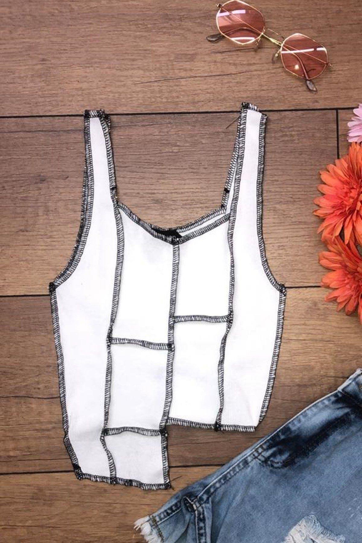 1497 Kolsuz Fitilli Beyaz Crop Bluz