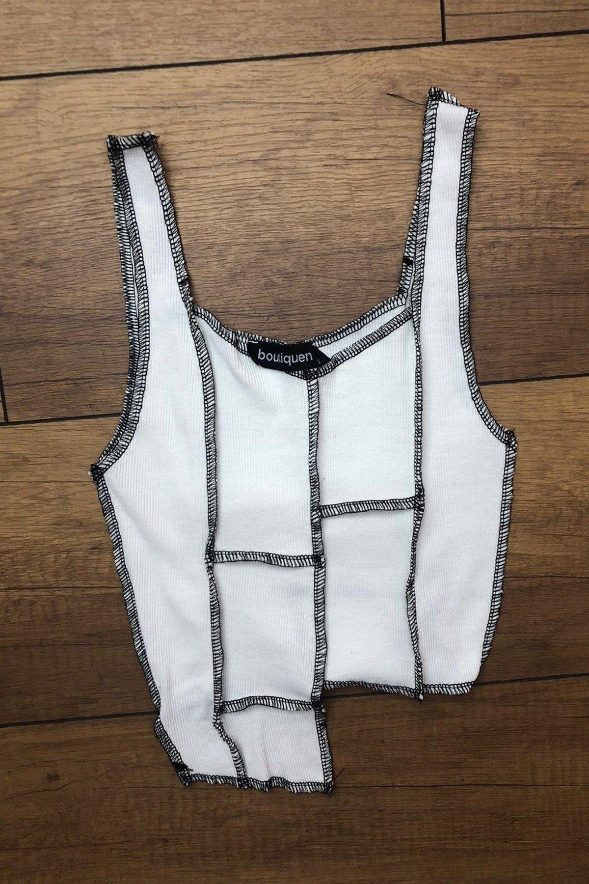 1497 Kolsuz Fitilli Beyaz Crop Bluz