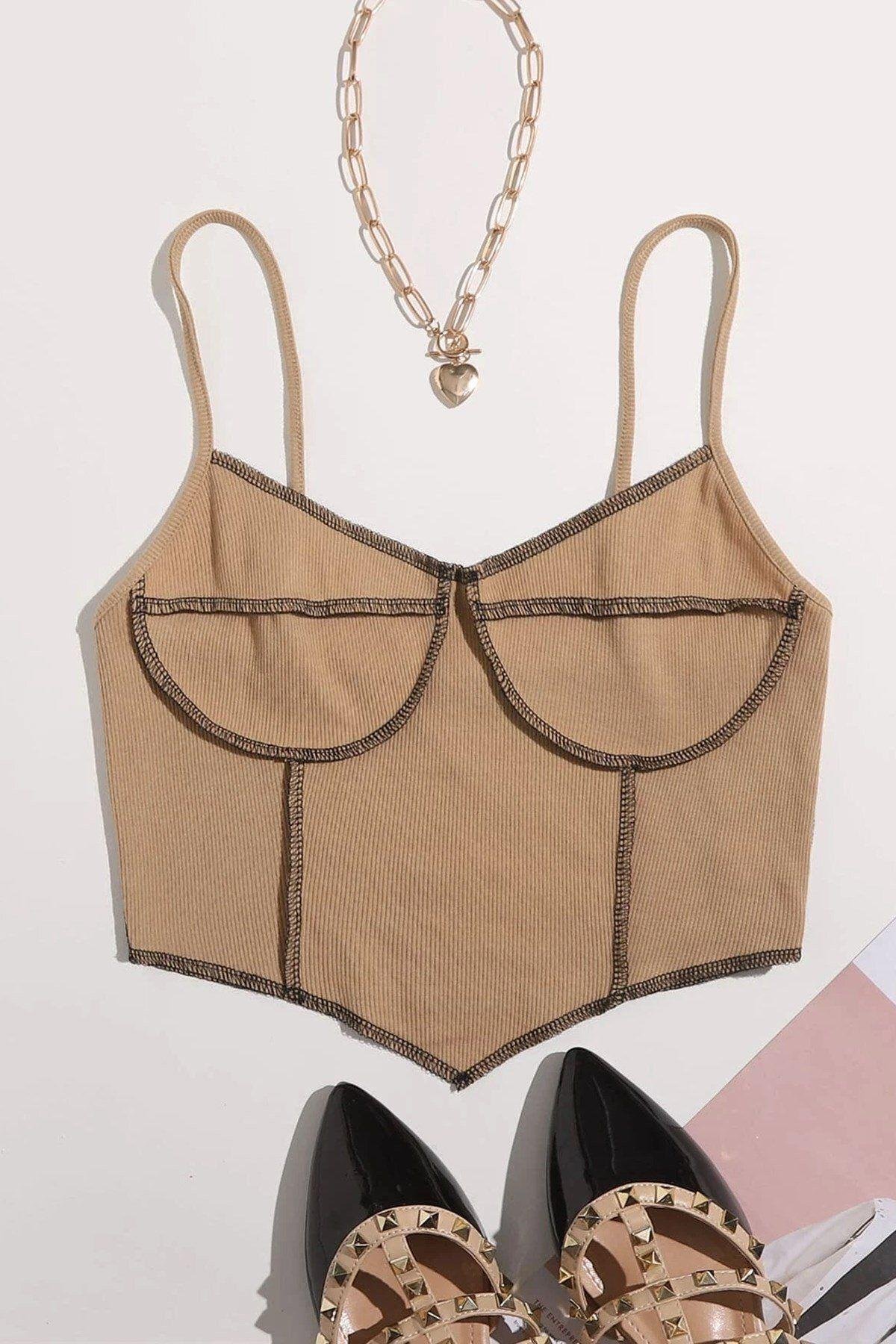 1636 Kontrast Dikişli Askılı Bej Crop