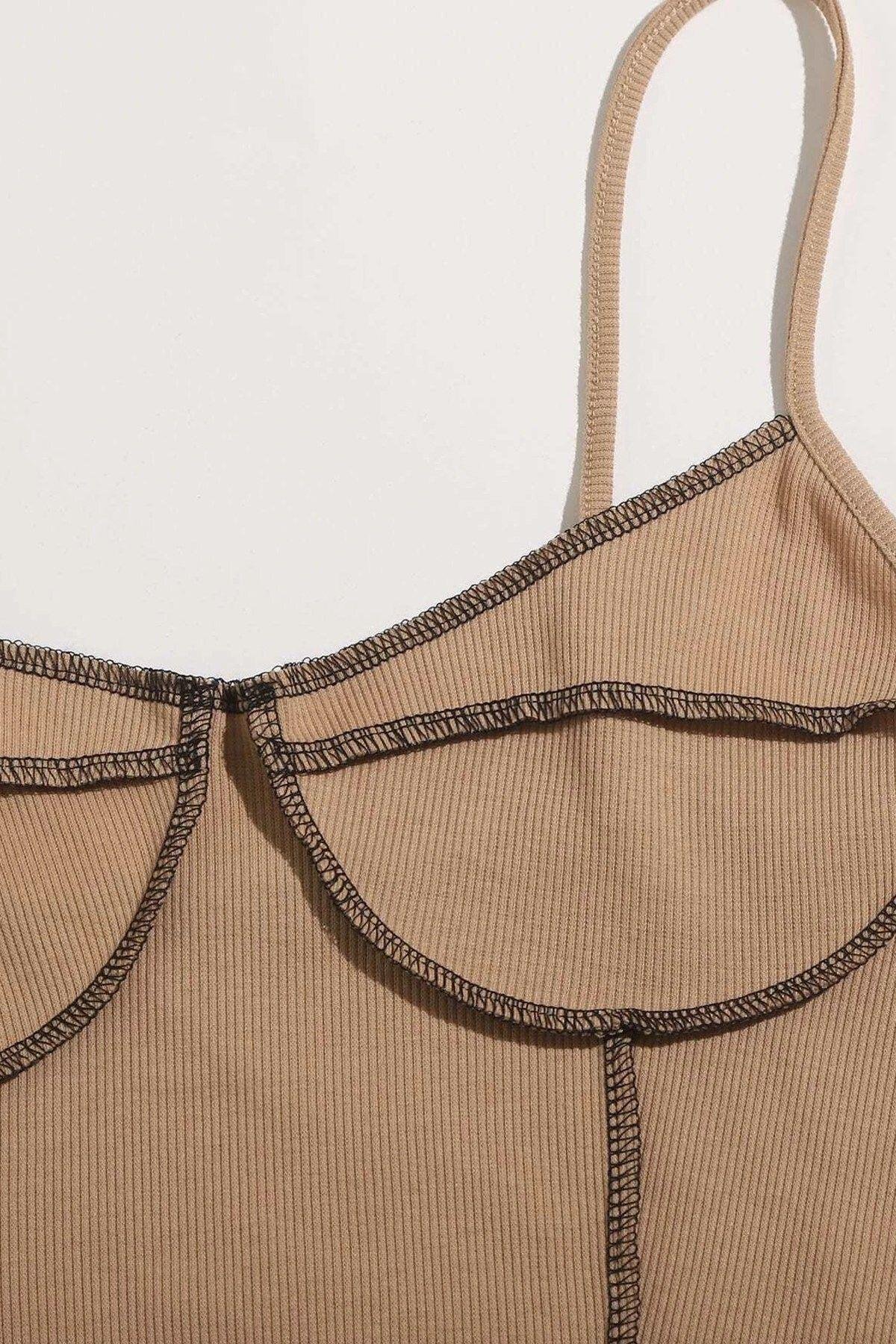 1636 Kontrast Dikişli Askılı Bej Crop