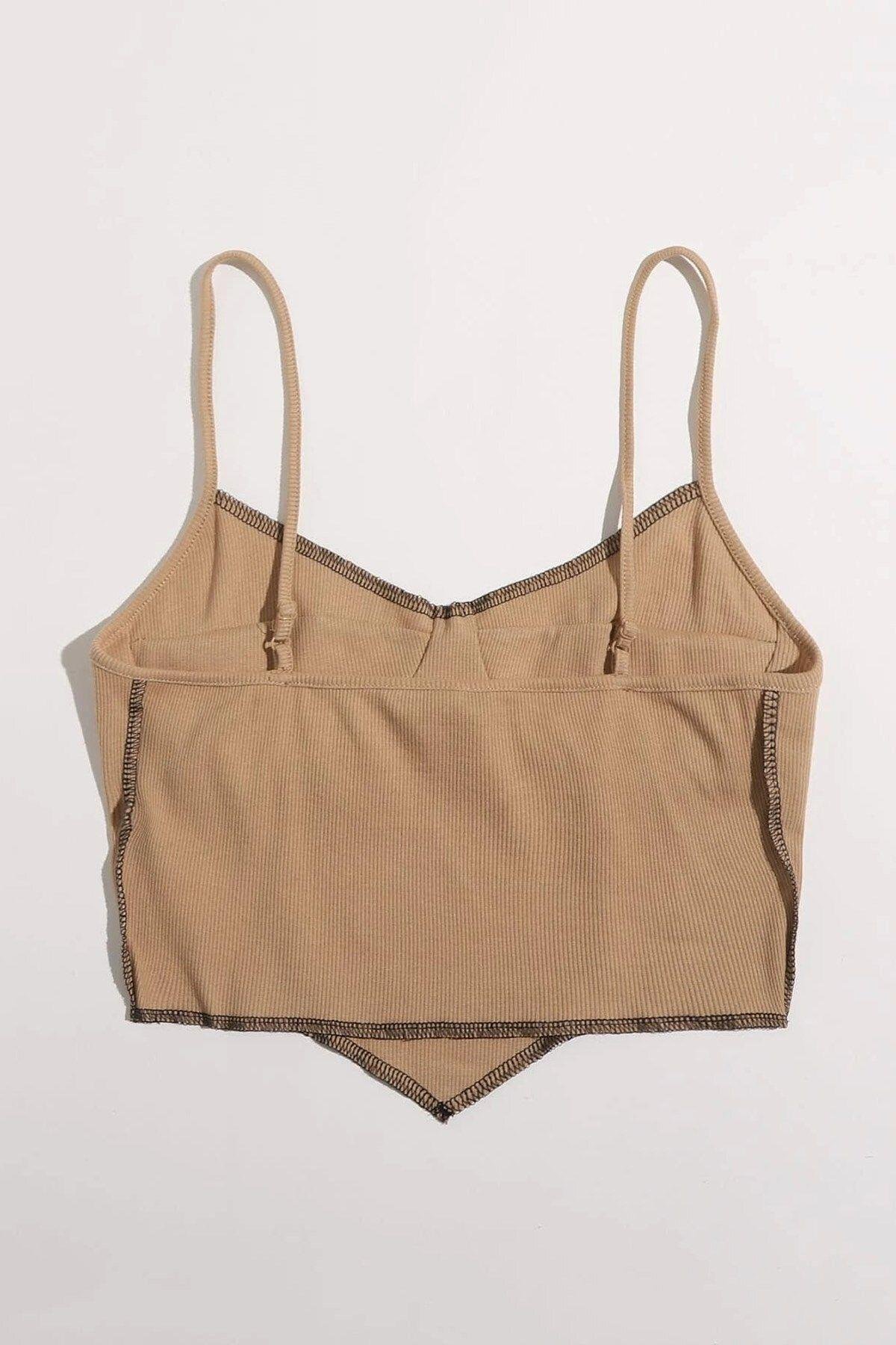 1636 Kontrast Dikişli Askılı Bej Crop