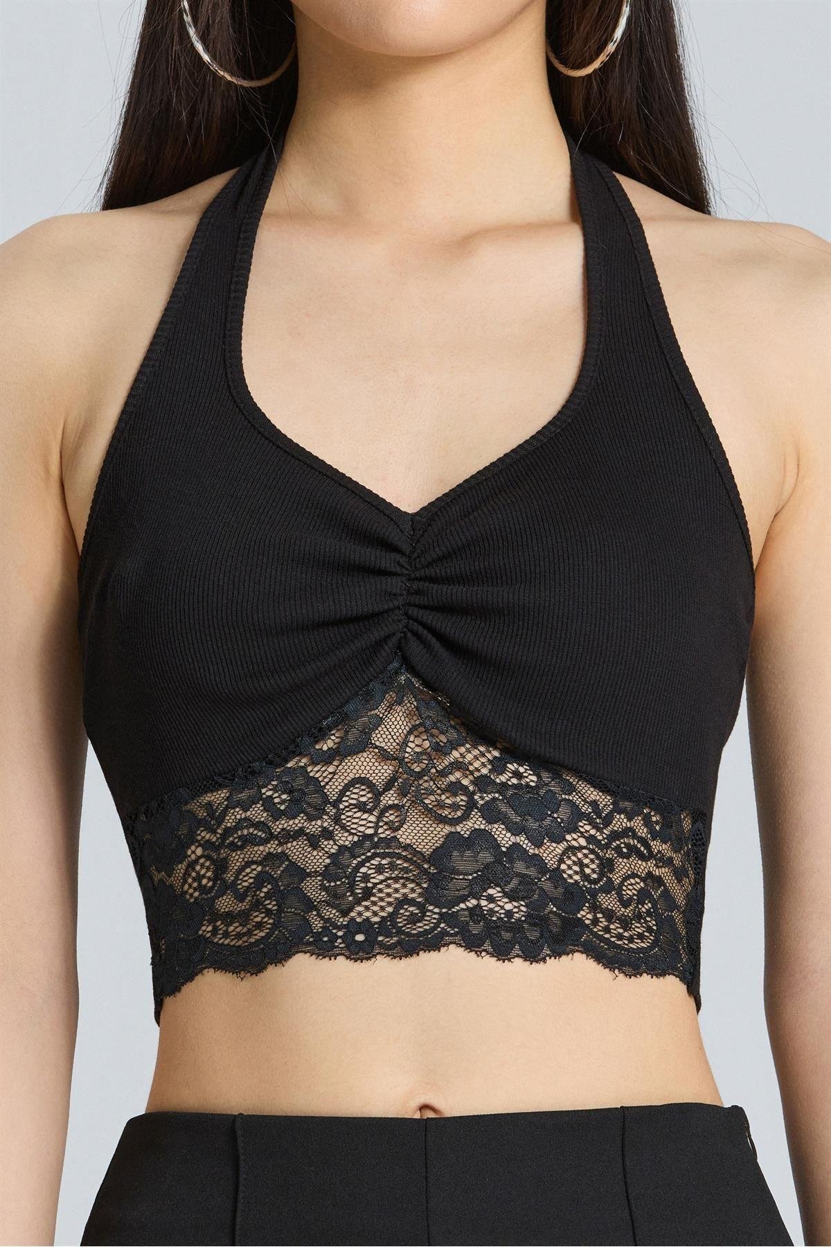 2549 Dantel Detaylı Siyah Crop
