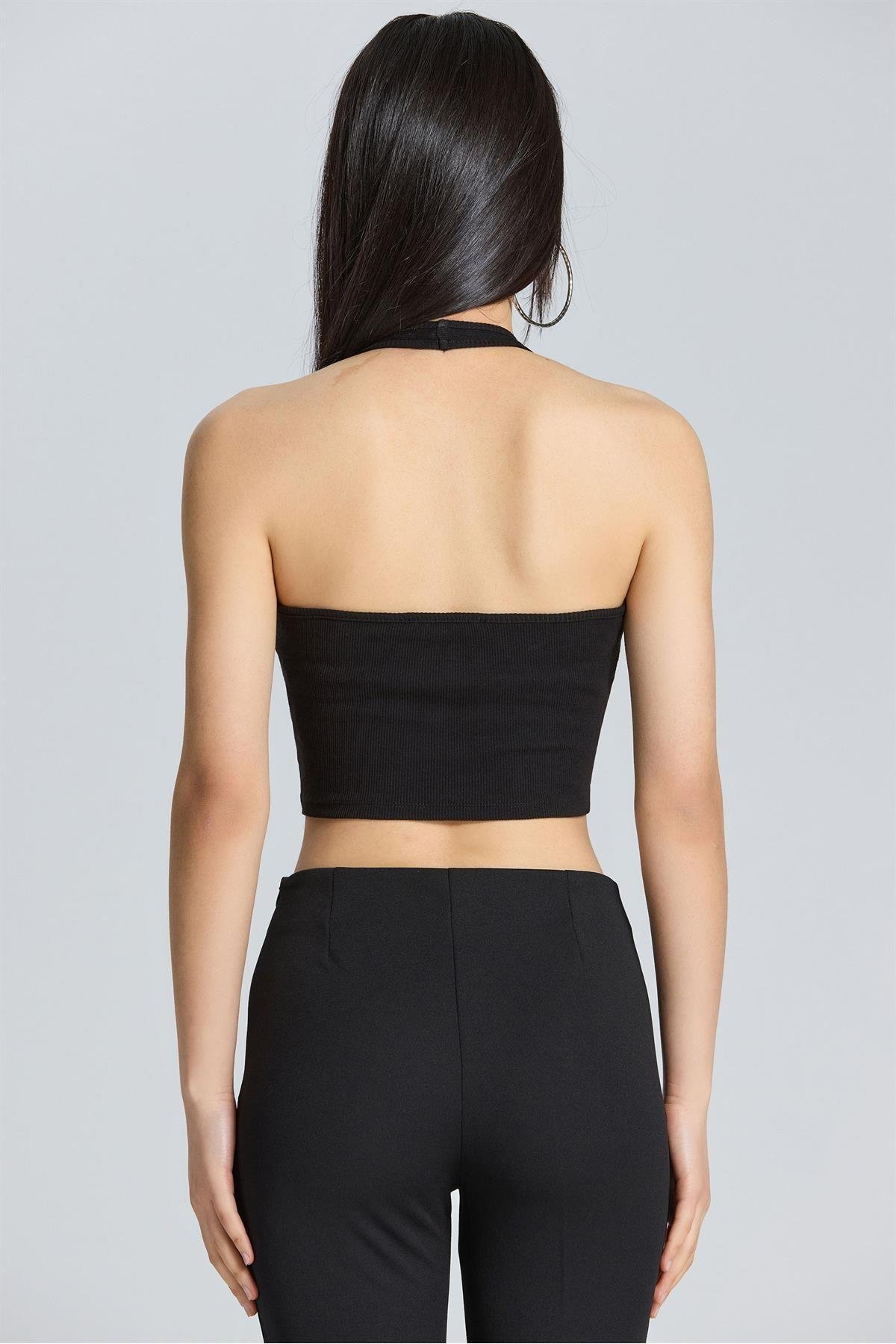 2549 Dantel Detaylı Siyah Crop