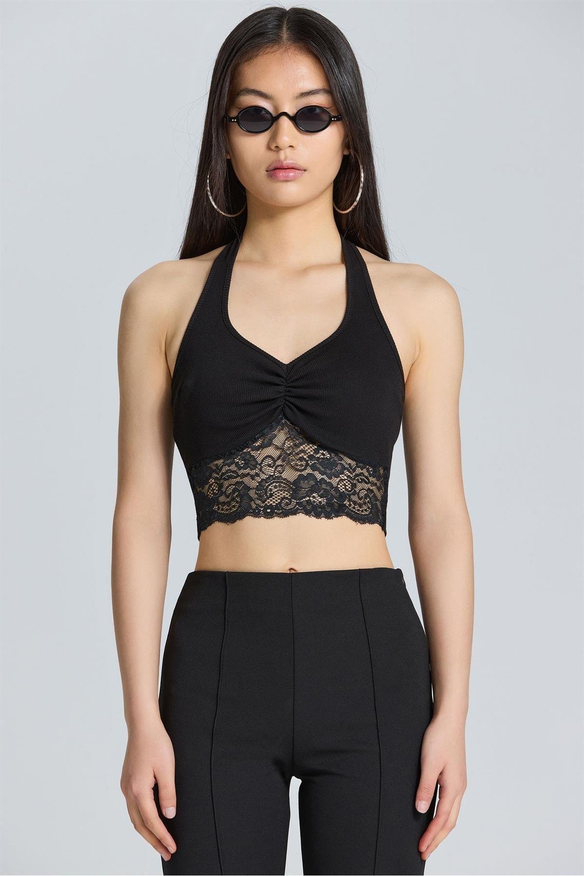 2549 Dantel Detaylı Siyah Crop