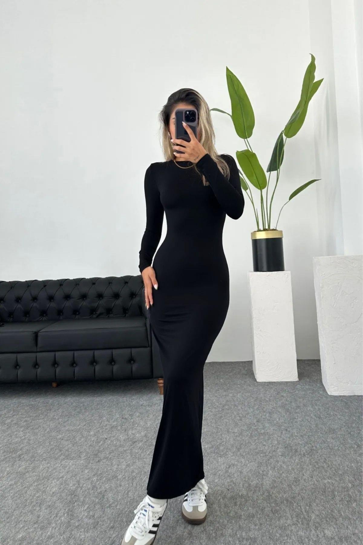 Koyu Siyah Hailey Uzun Kollu Maxi Elbise