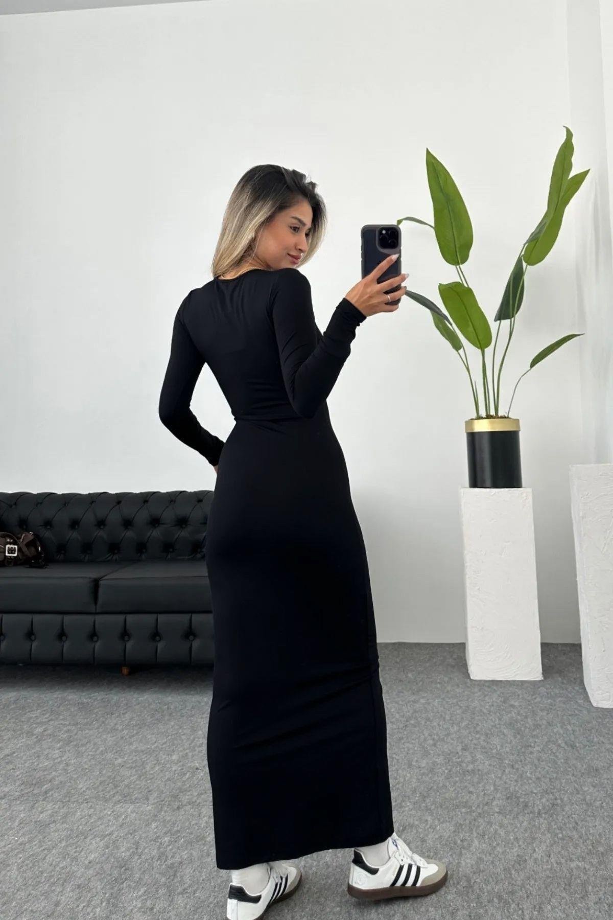 Koyu Siyah Hailey Uzun Kollu Maxi Elbise