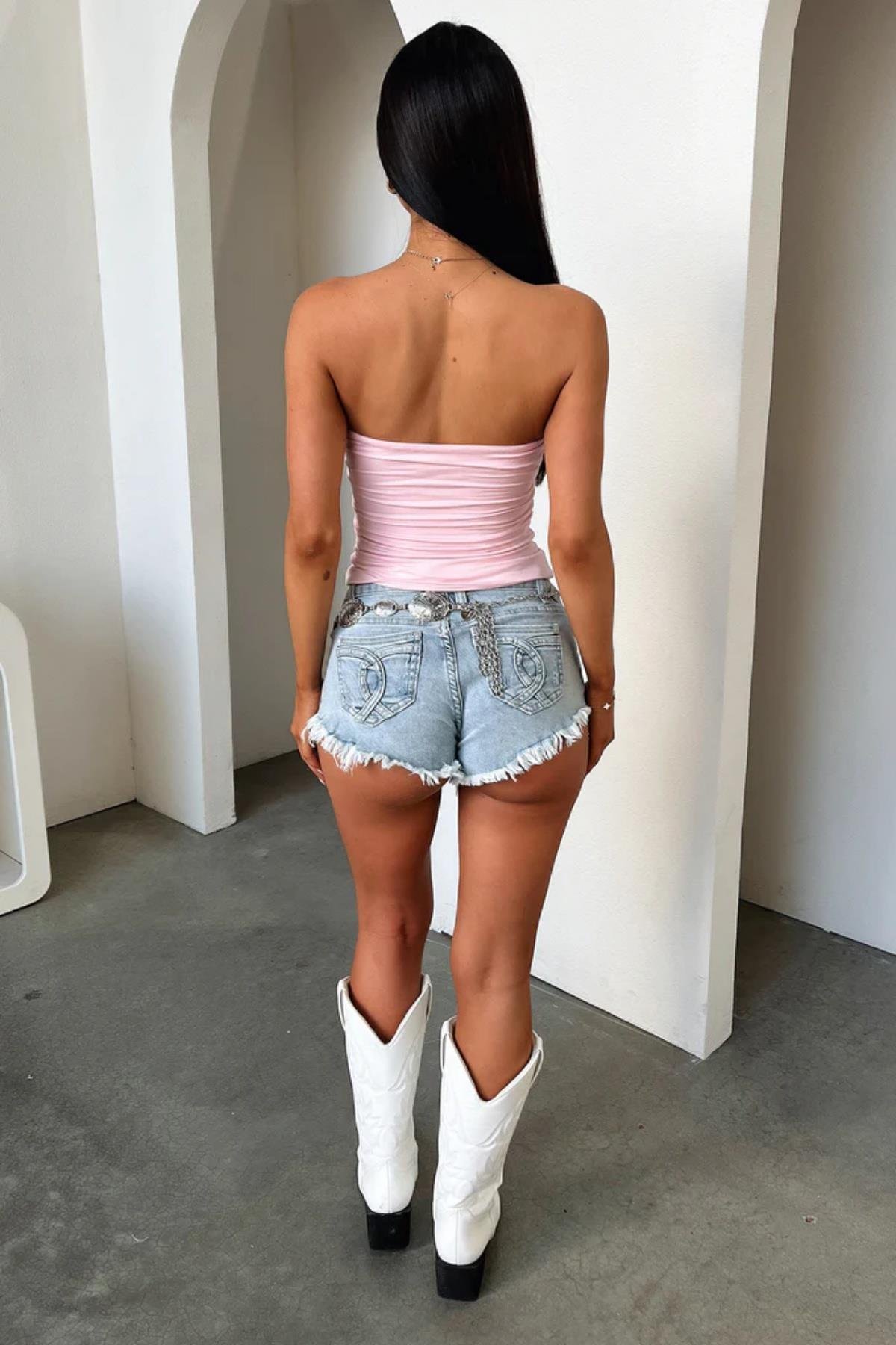 Pembe Straplez Crop Top Bluz