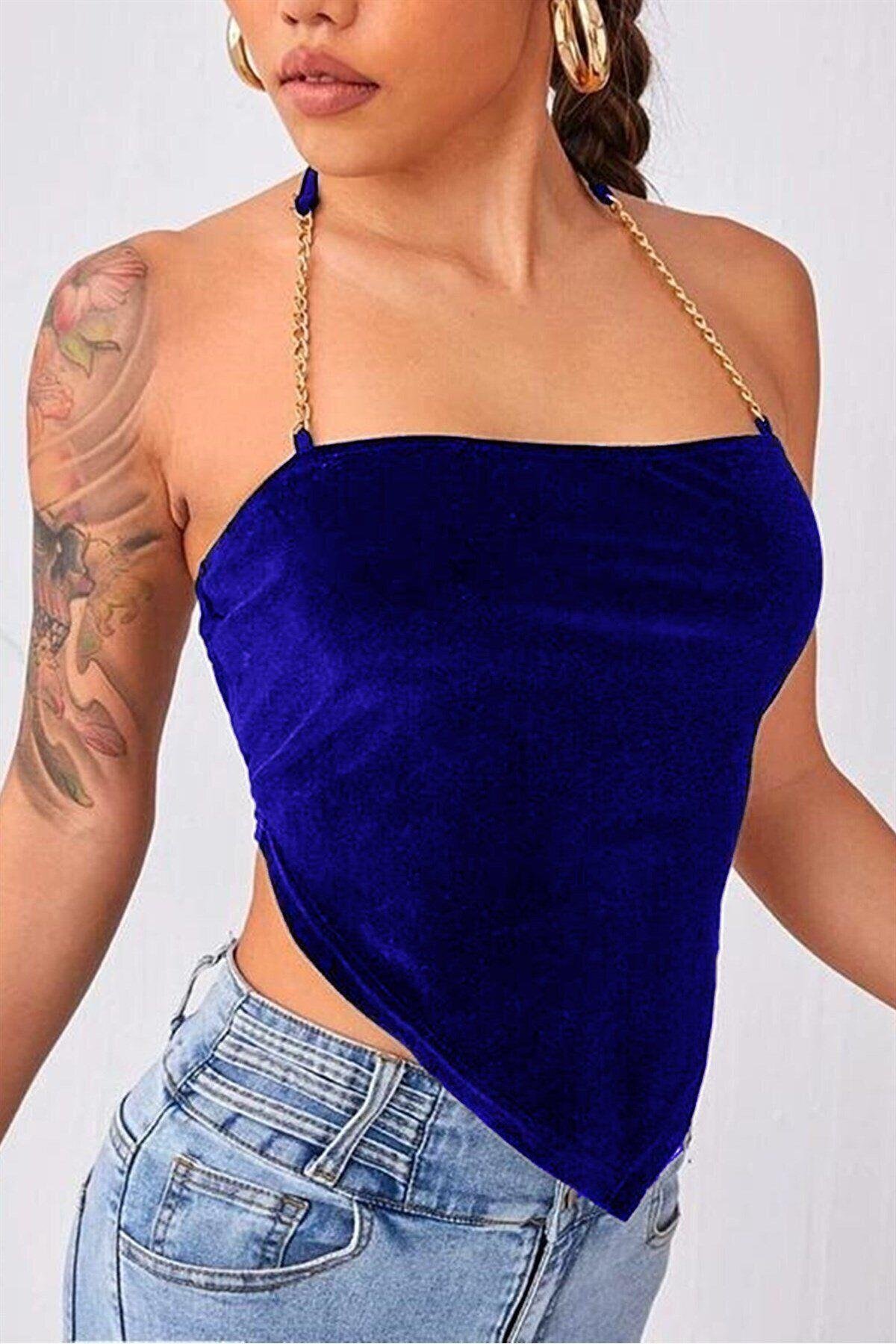 Zincir Askılı Kadife Esnek Crop