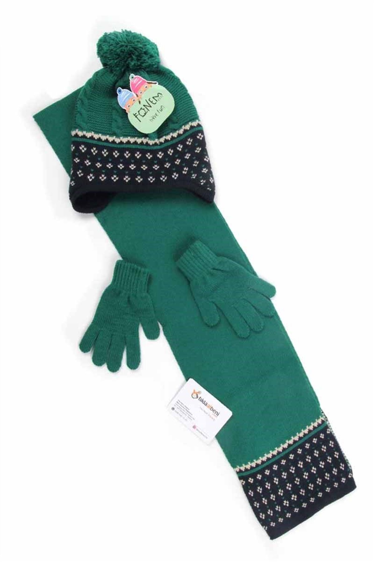 4-7 Yaş Unisex Yeşil Çocuk Atkı Bere Eldiven Takımı - 5096