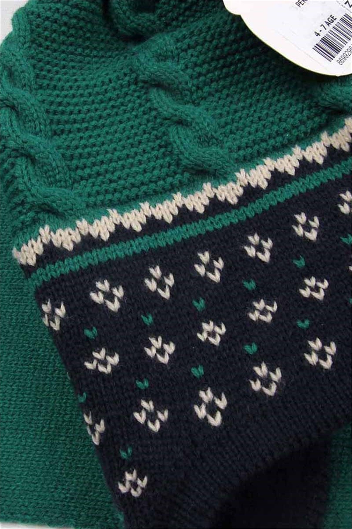 4-7 Yaş Unisex Yeşil Çocuk Atkı Bere Eldiven Takımı - 5096