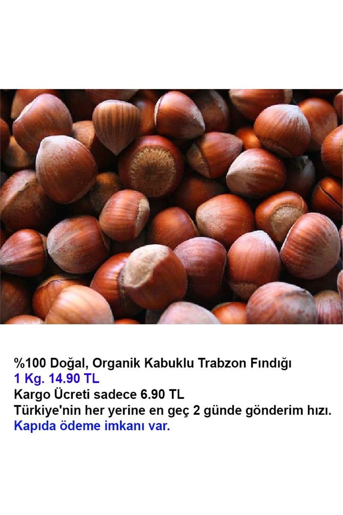 Organik Trabzon Fındığı, Kabuklu Fındık 1 Kg 14.90 TL