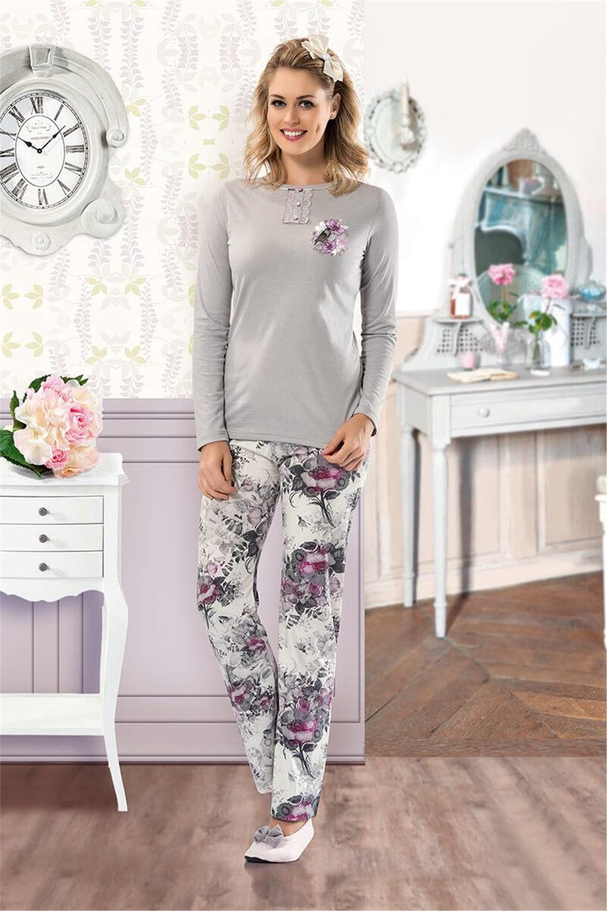 NBB 6937 Bayan  Uzun Kollu Çiçek Desenli Pijama Takımı