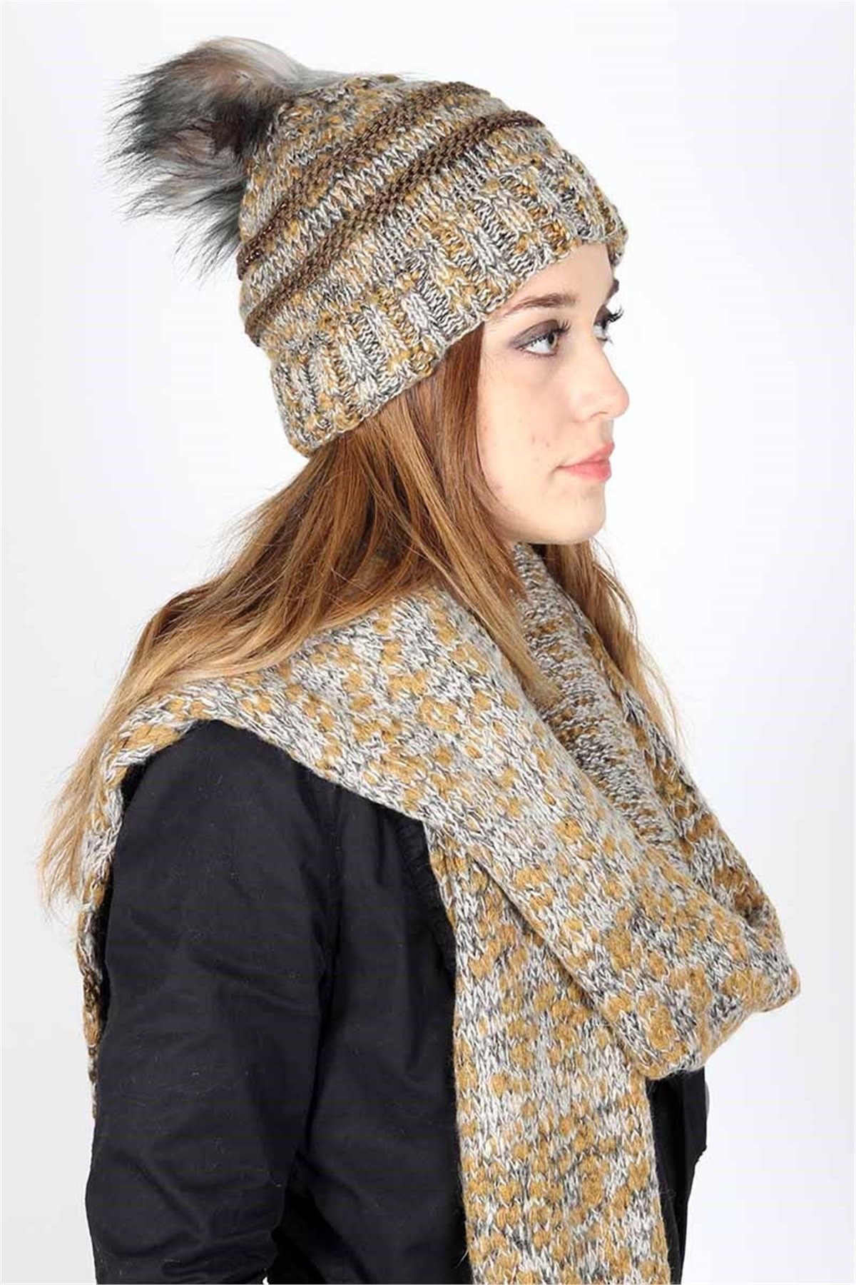 Bayan Atkı Bere Seti Style  13579 - Bej
