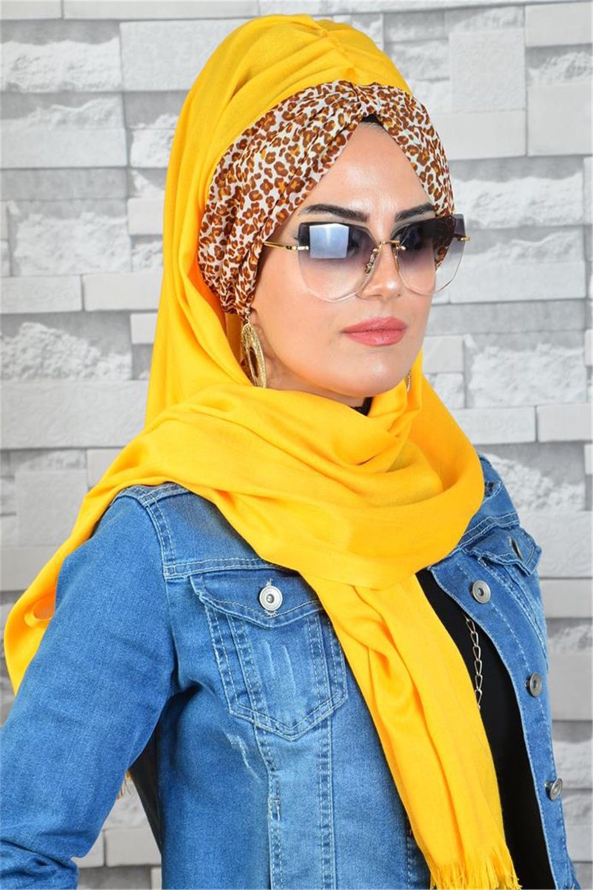 Benekli Sarı Biritli Bandana Hazır Şal bnd181
