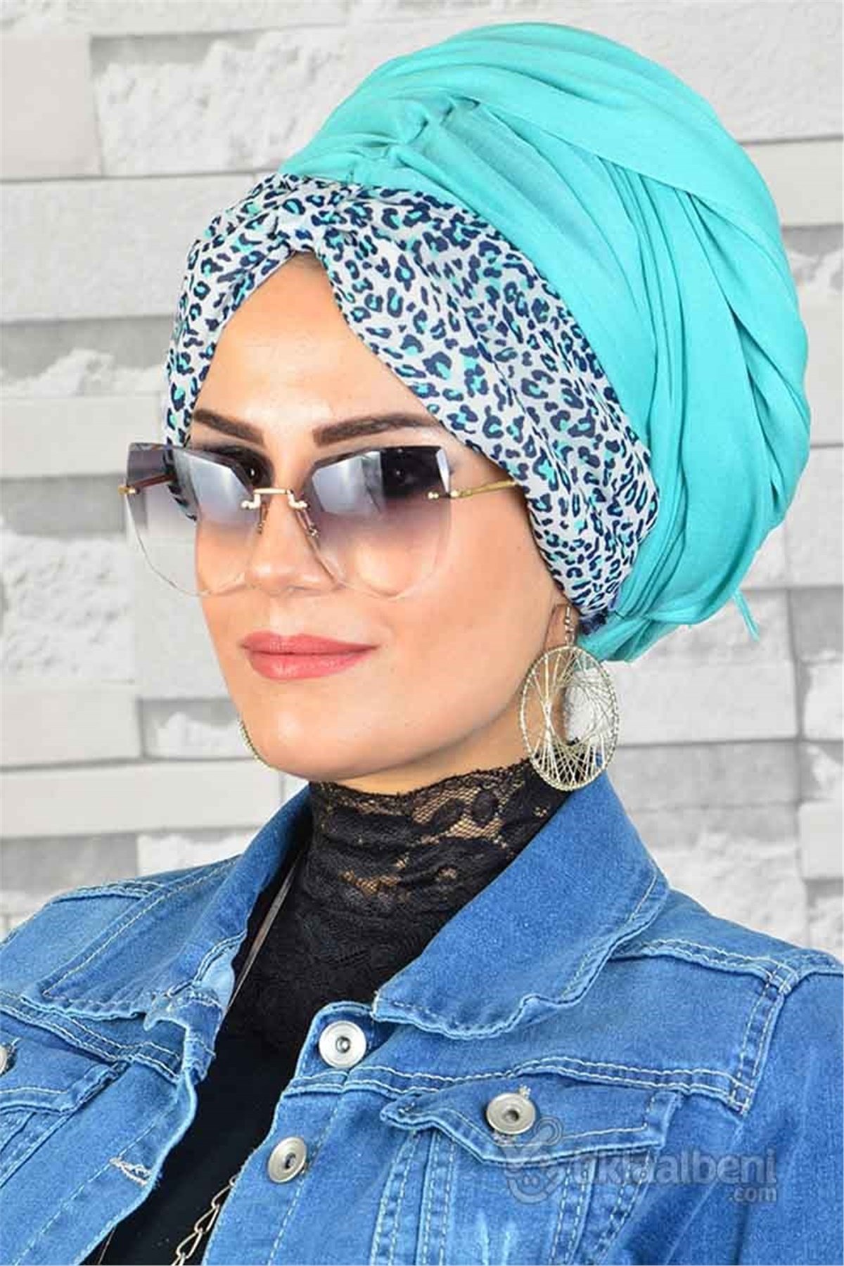 Biritli Mint Lacivert Desenli Bandana Hazır Şal bnd170