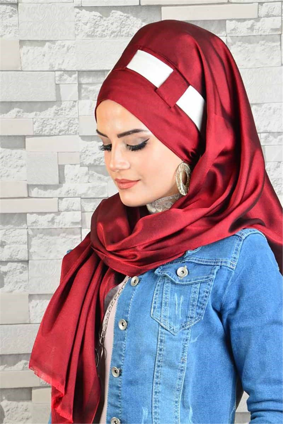 Bordo Krem Jakarlı Hazır Türban bnd8034