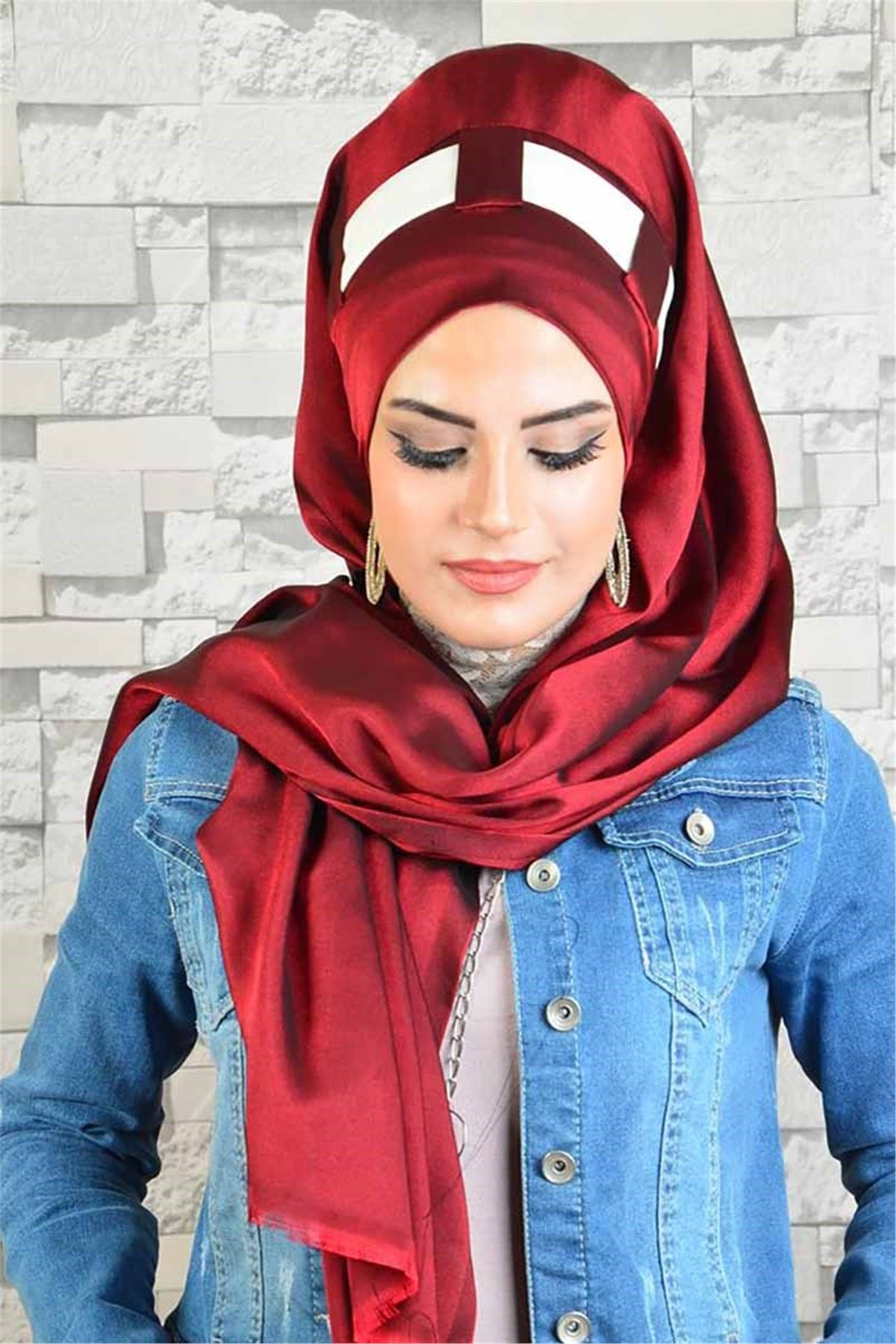 Bordo Krem Jakarlı Hazır Türban bnd8034