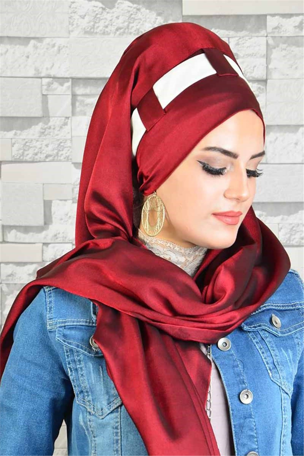 Bordo Krem Jakarlı Hazır Türban bnd8034