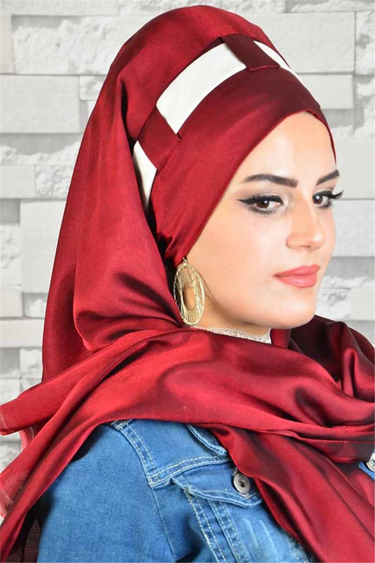Bordo Krem Jakarlı Hazır Türban bnd8034