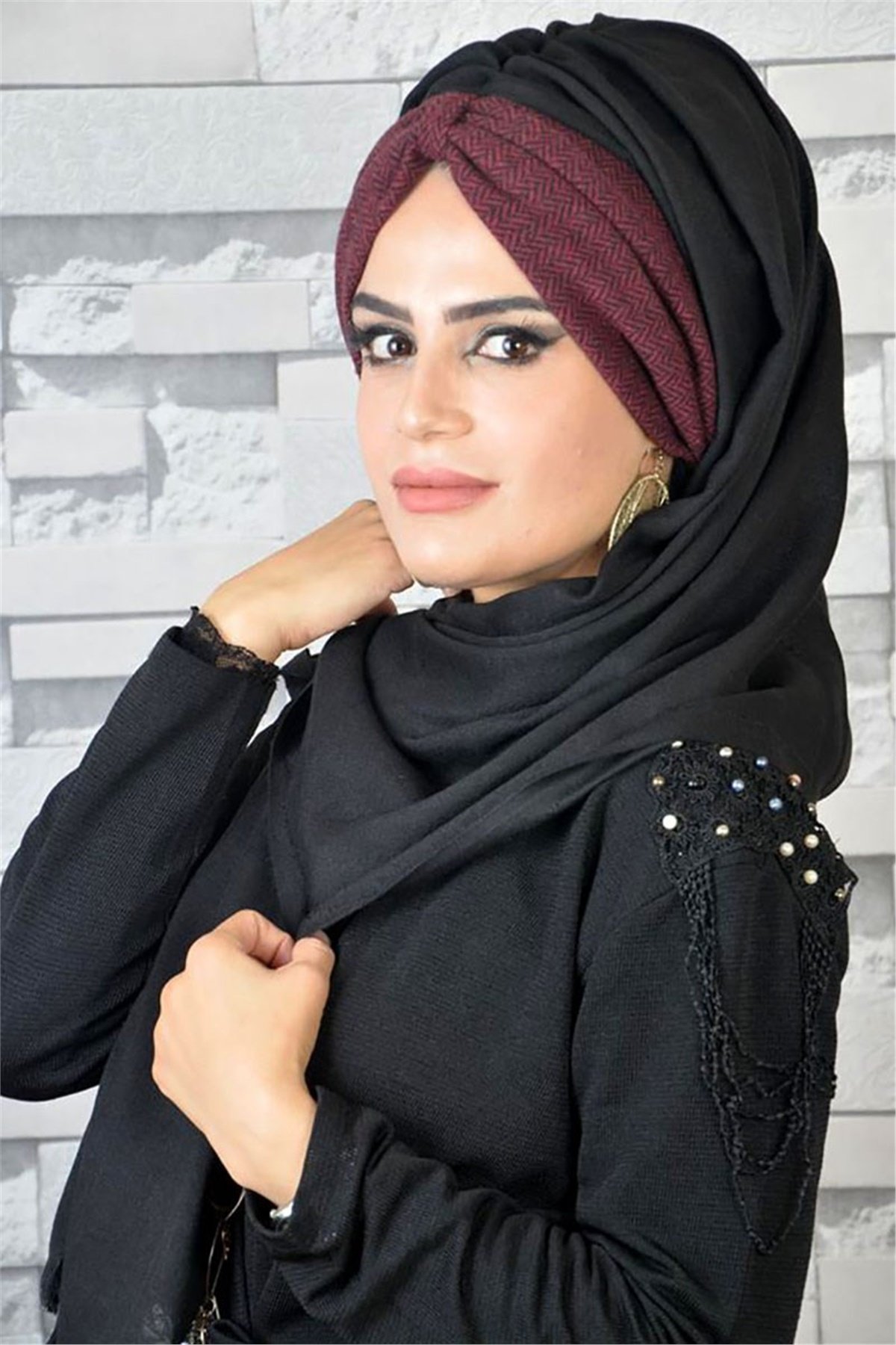 Bordo Siyah Bandana Şal T13979