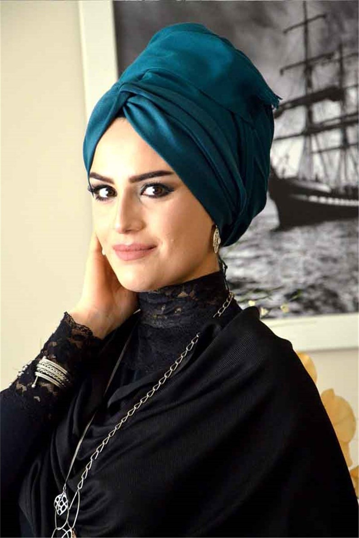 Burgu Bandana Petrol Pratik Hazır  Şal BND3007