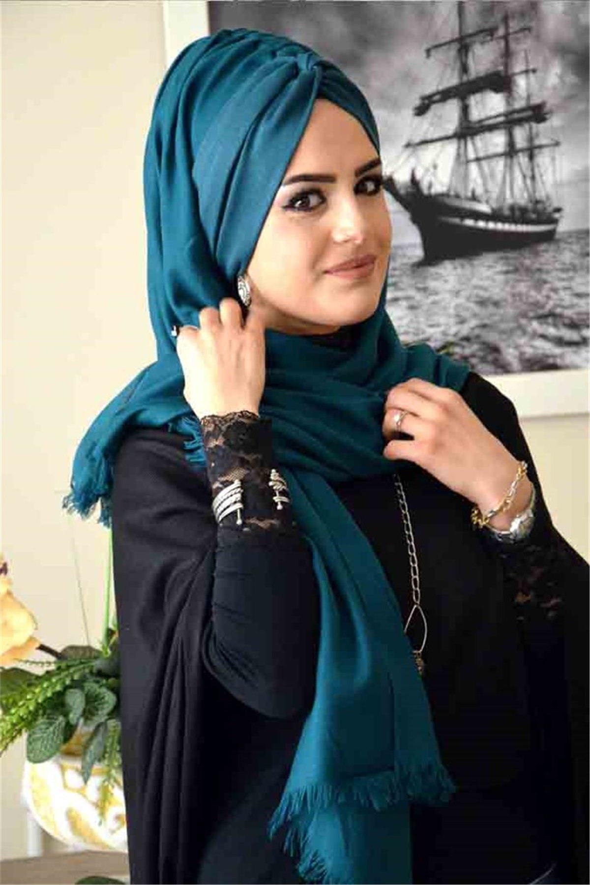Burgu Bandana Petrol Pratik Hazır  Şal BND3007