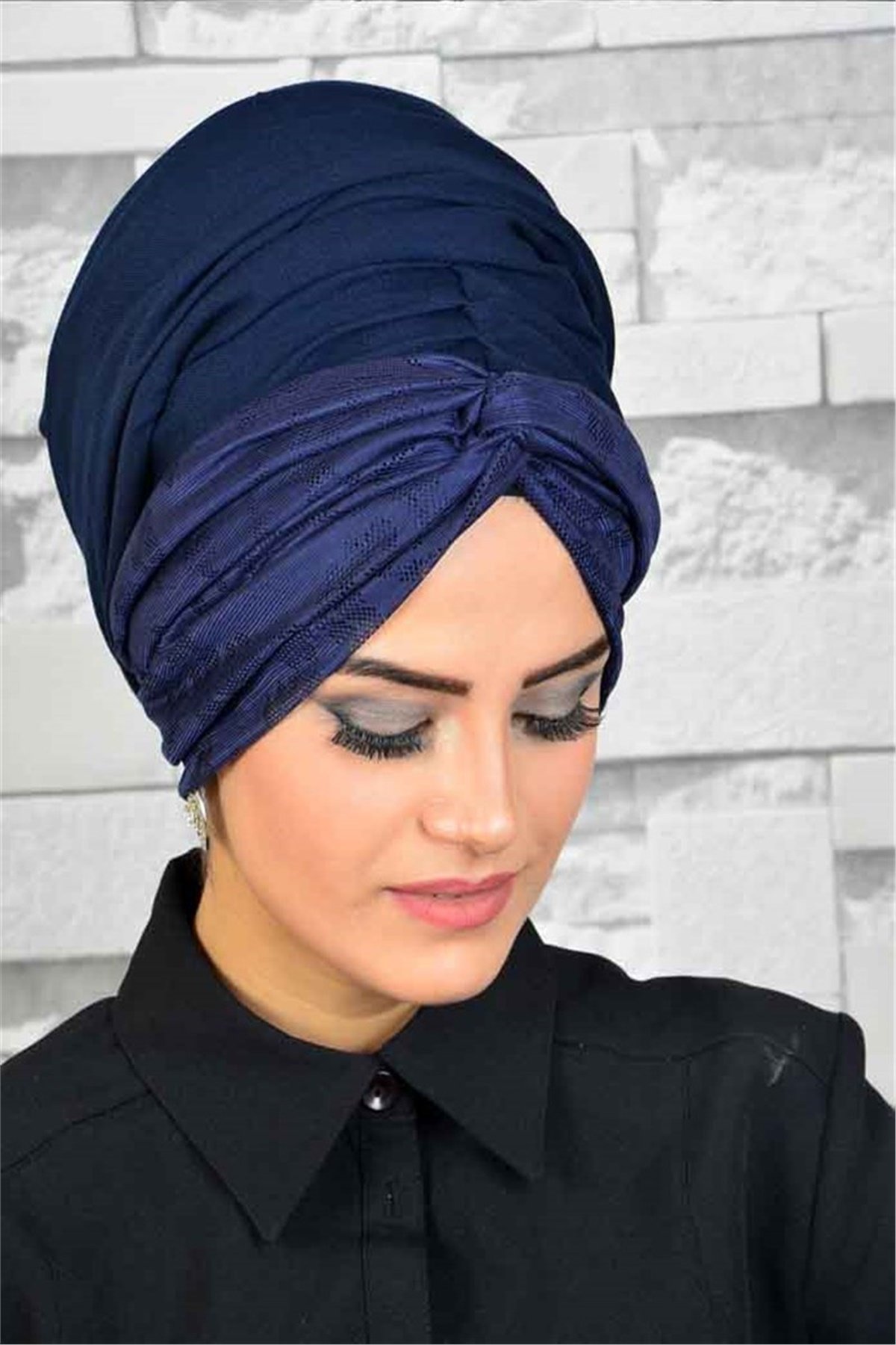 Burgu Lacivert Bandana Hazır Şal BND3022
