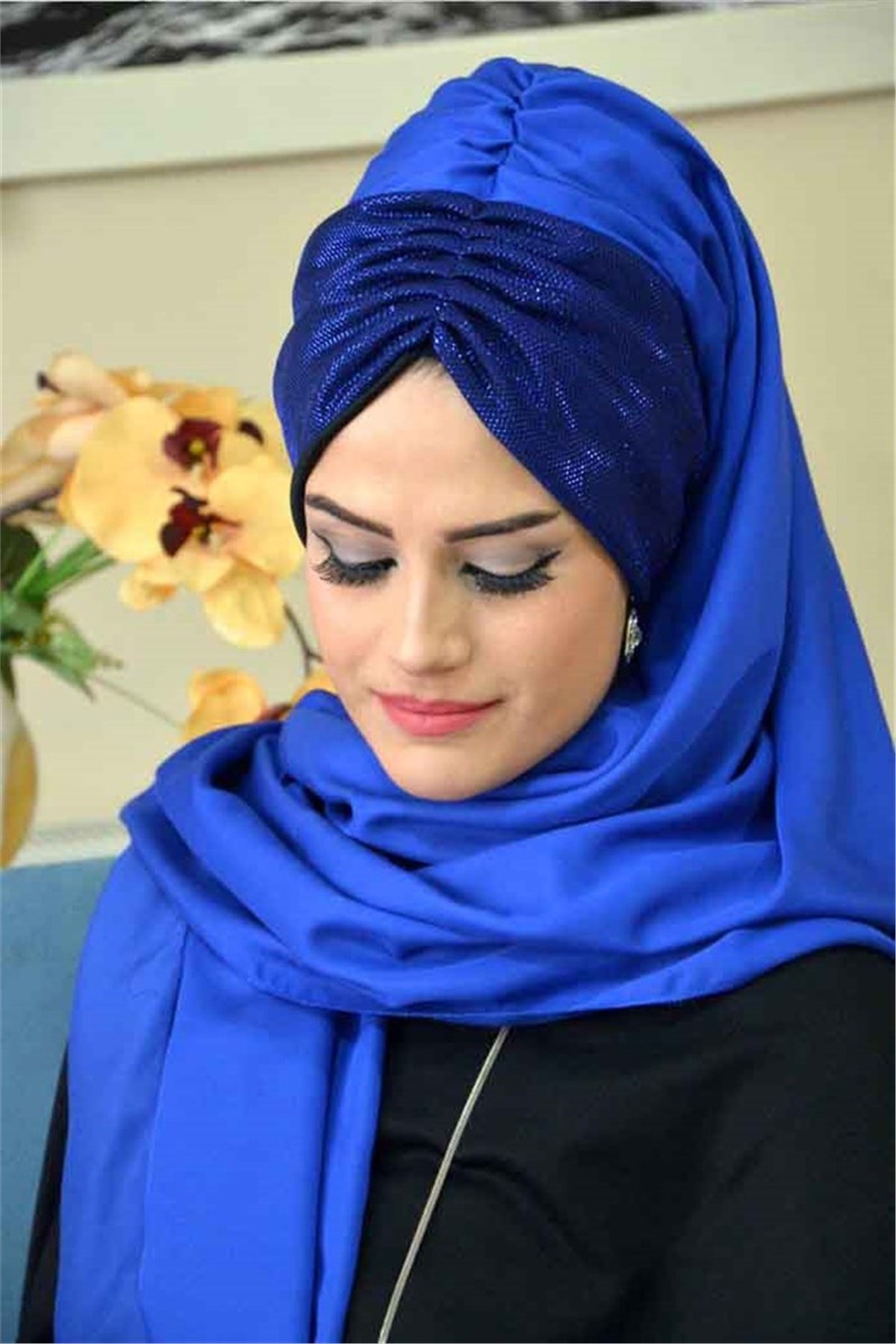 Büzgülü Sax Mavi Bandana Pratik Şal BND6039
