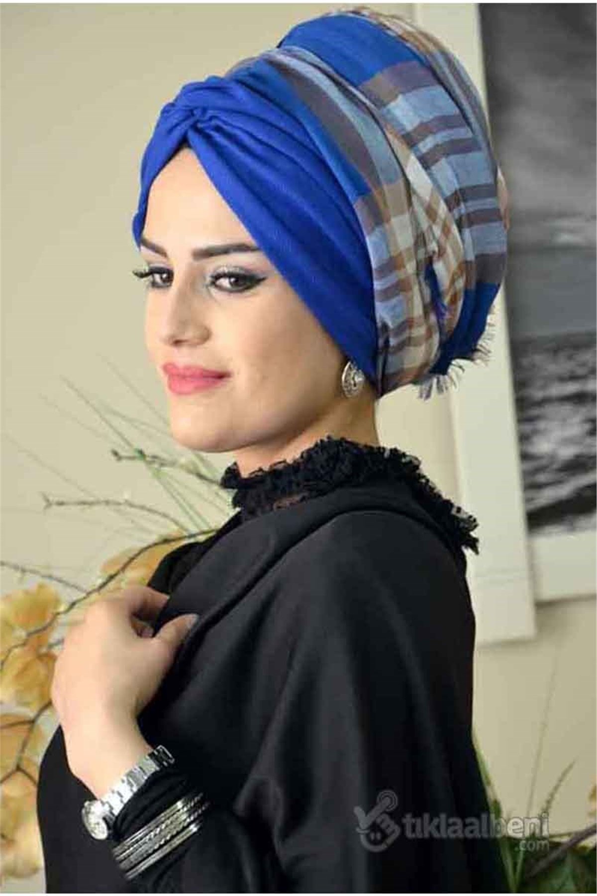 Ekoseli sax Mavisi Burgu Bandana Pratik Şal BND3015