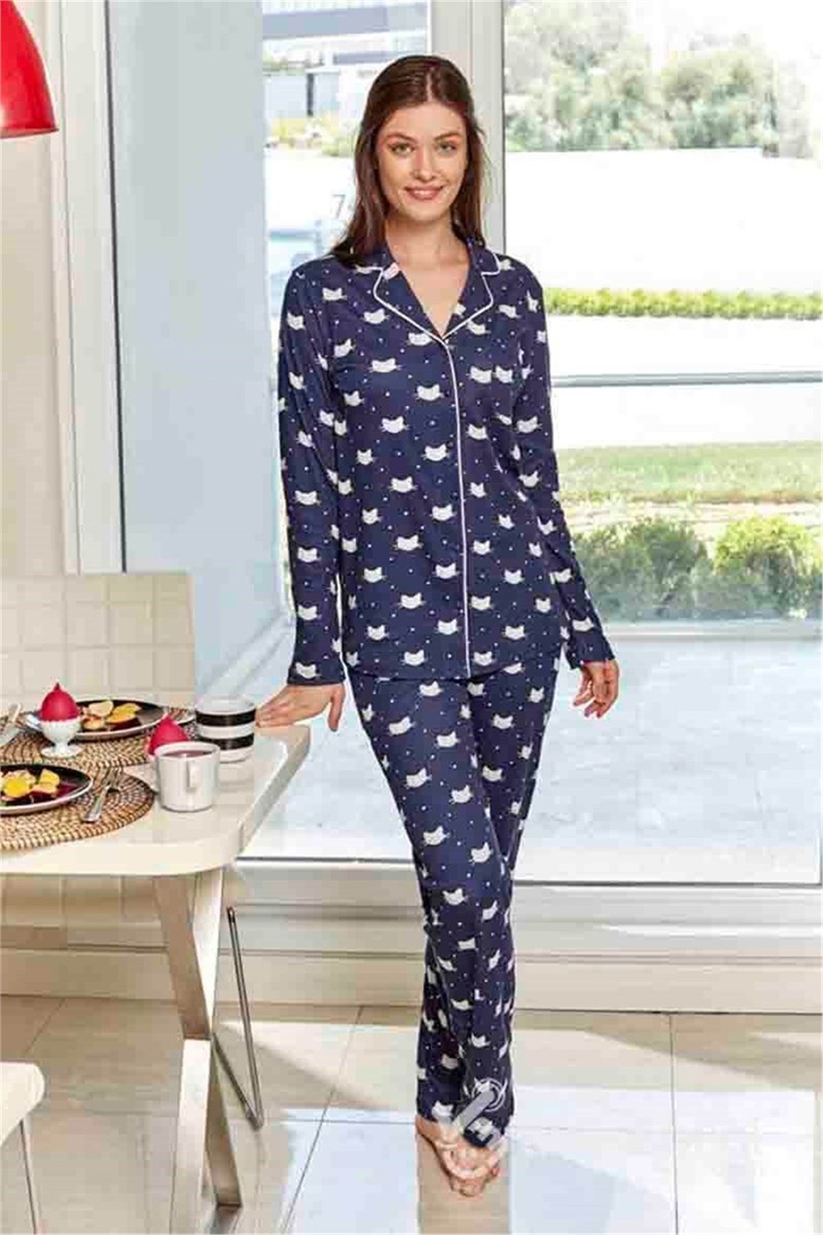 Eros ESK 20602 V Yaka Kedi Desenli Bayan Pijama Takımı