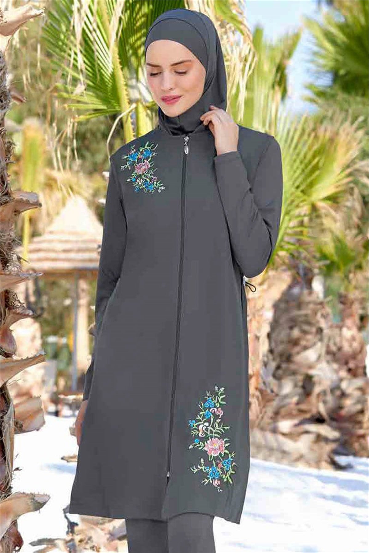 Flower Tam Kapalı Tesettür Mayo 10326 - Antrasit