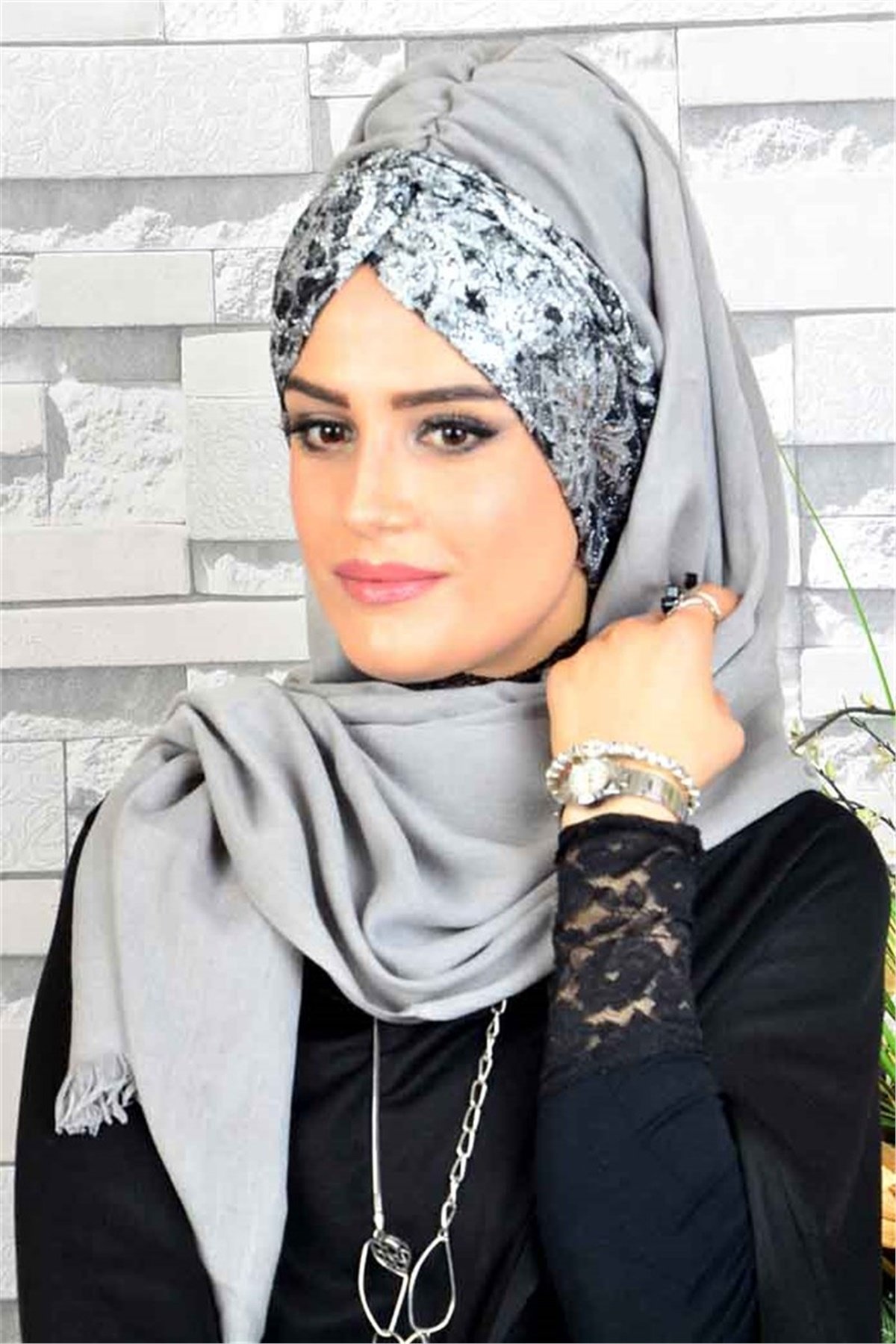 Gri Desenli Bandana Hazır Şal  BND3039
