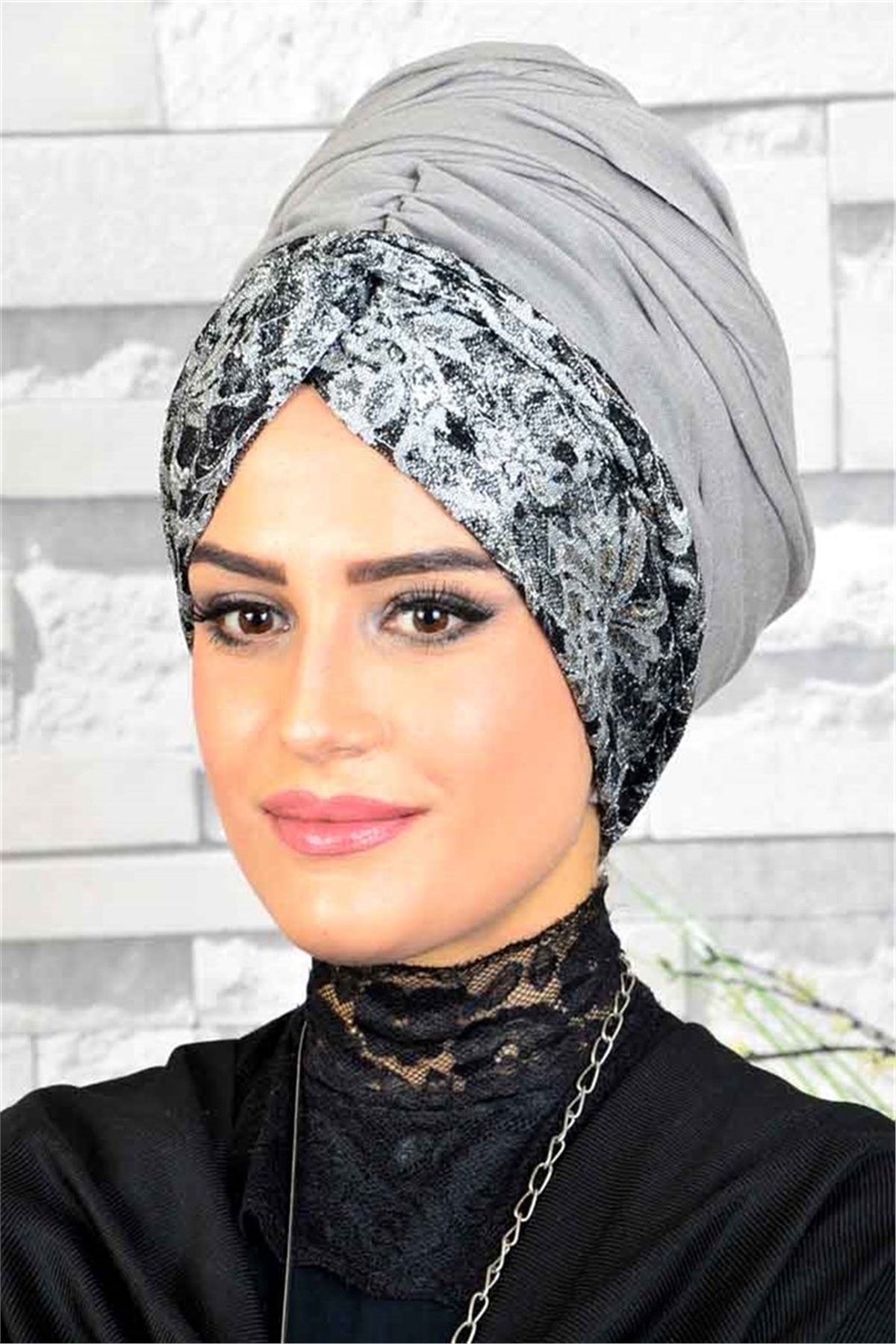 Gri Desenli Bandana Hazır Şal  BND3039