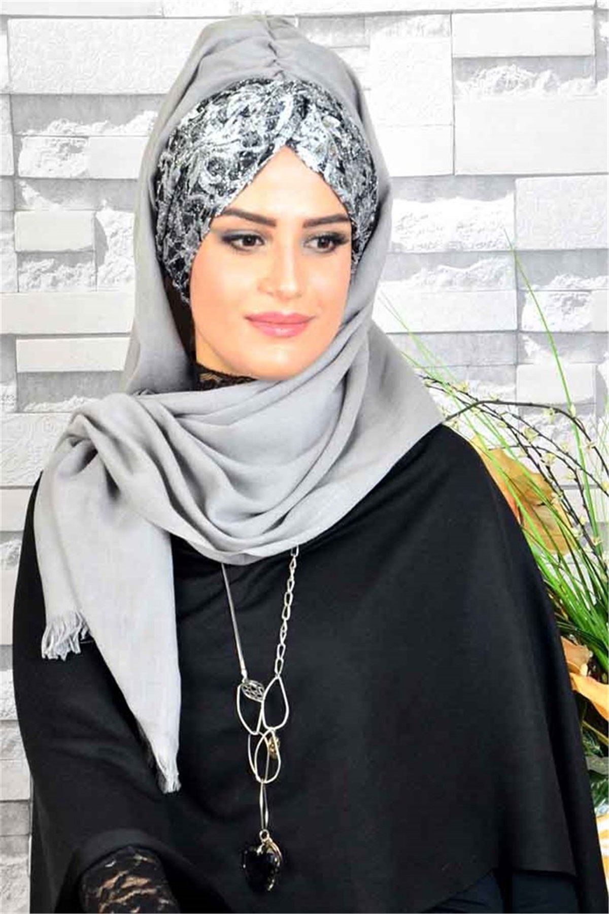Gri Desenli Bandana Hazır Şal  BND3039
