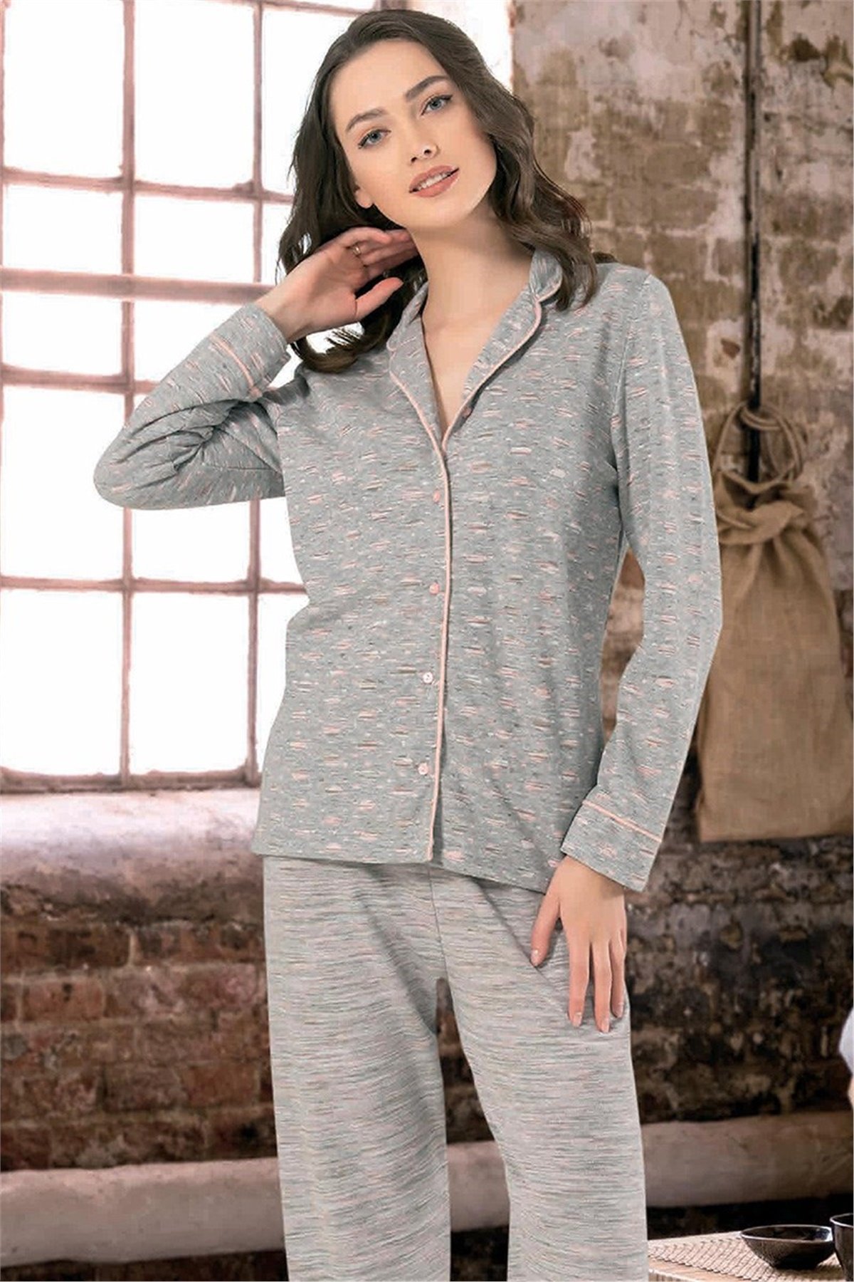 Gri Önden Düğmeli Kadın Pijama Takımı 66623