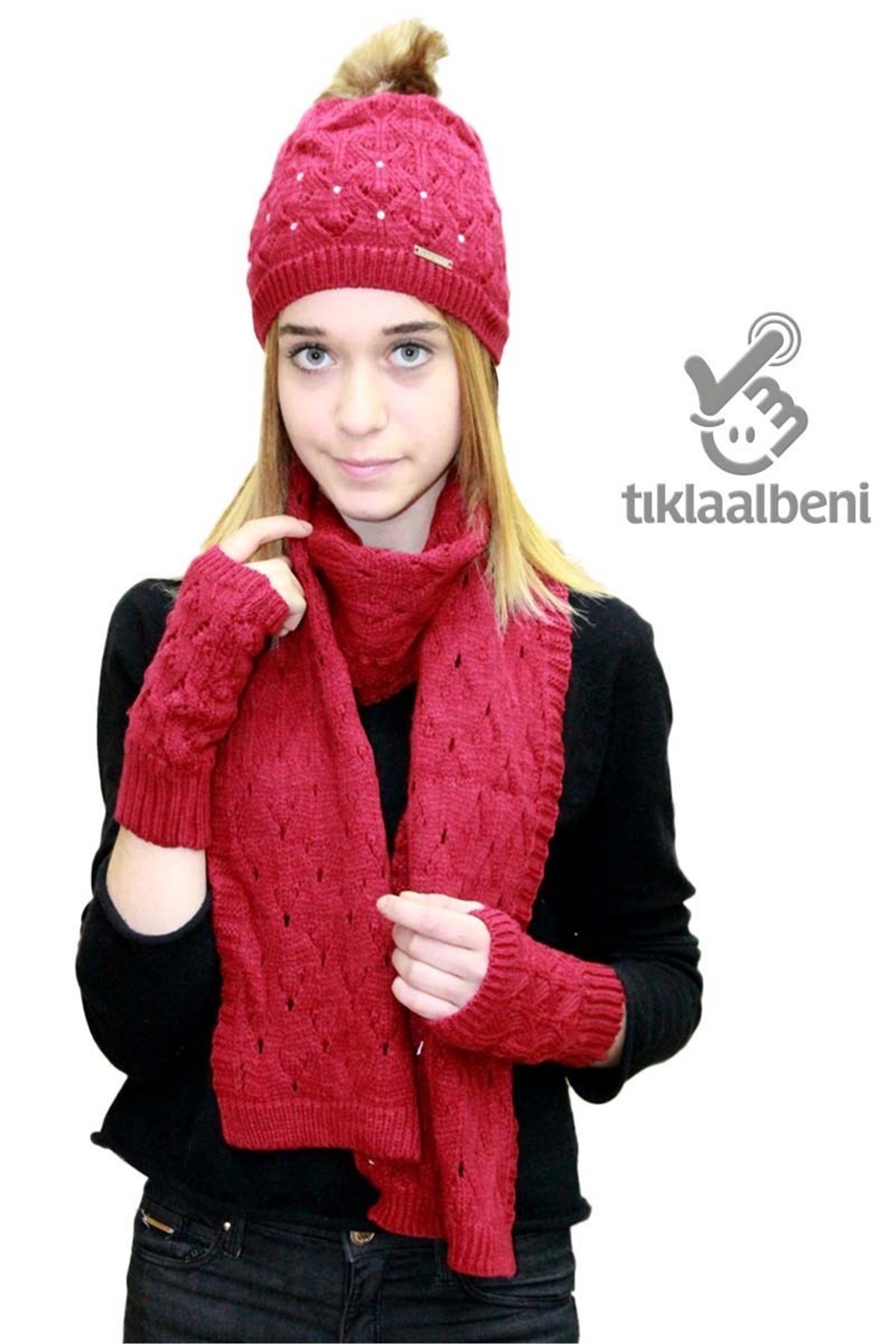Groppa 1601 Bayan Atkı Bere Eldiven Takımı - Kırmızı