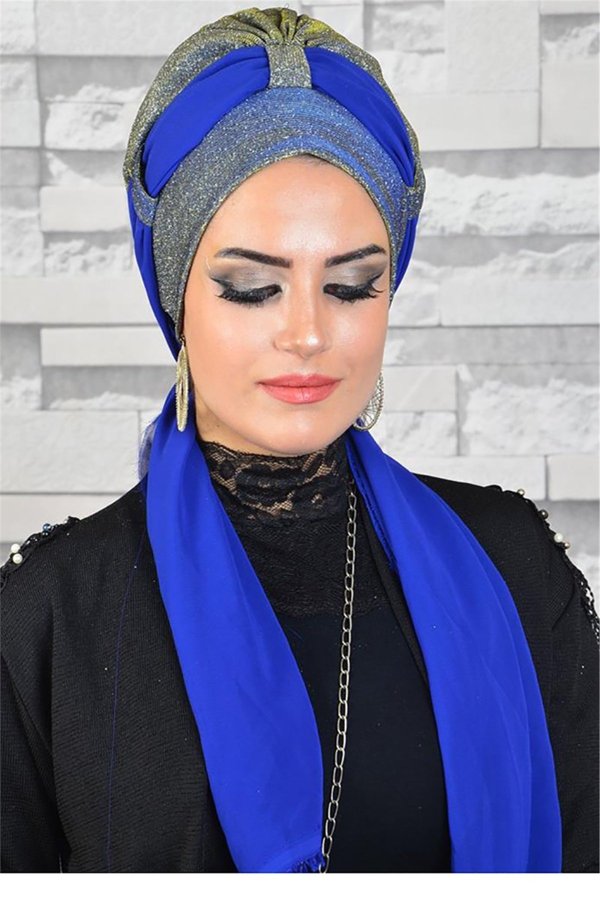 Gümüş Saks Mavi Fularlı Abiye Bone bna045