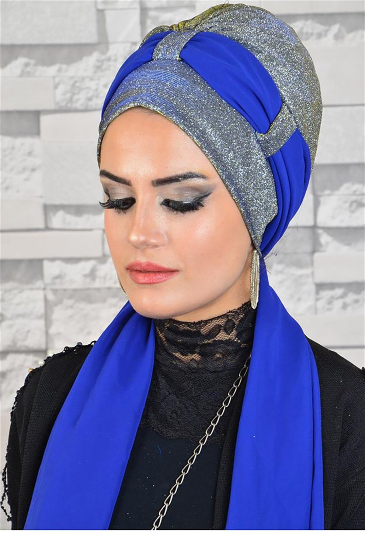 Gümüş Saks Mavi Fularlı Abiye Bone bna045