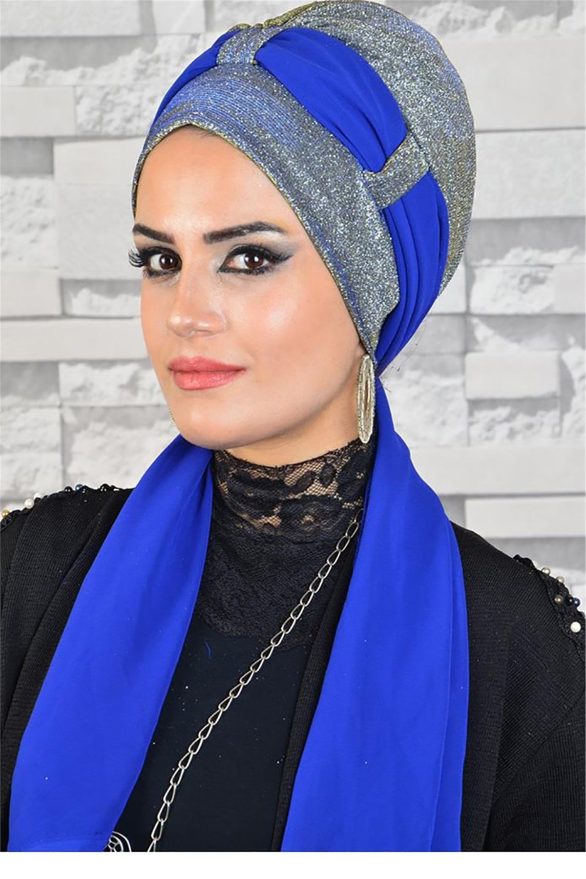 Gümüş Saks Mavi Fularlı Abiye Bone bna045