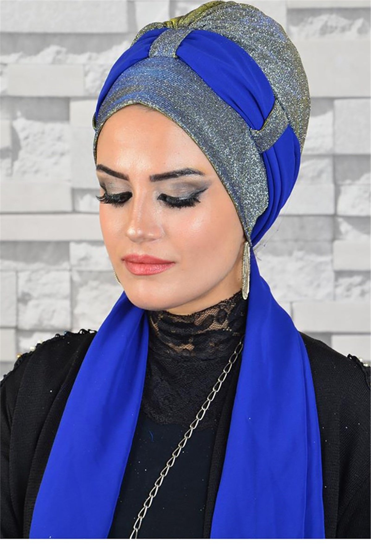 Gümüş Saks Mavi Fularlı Abiye Bone bna045