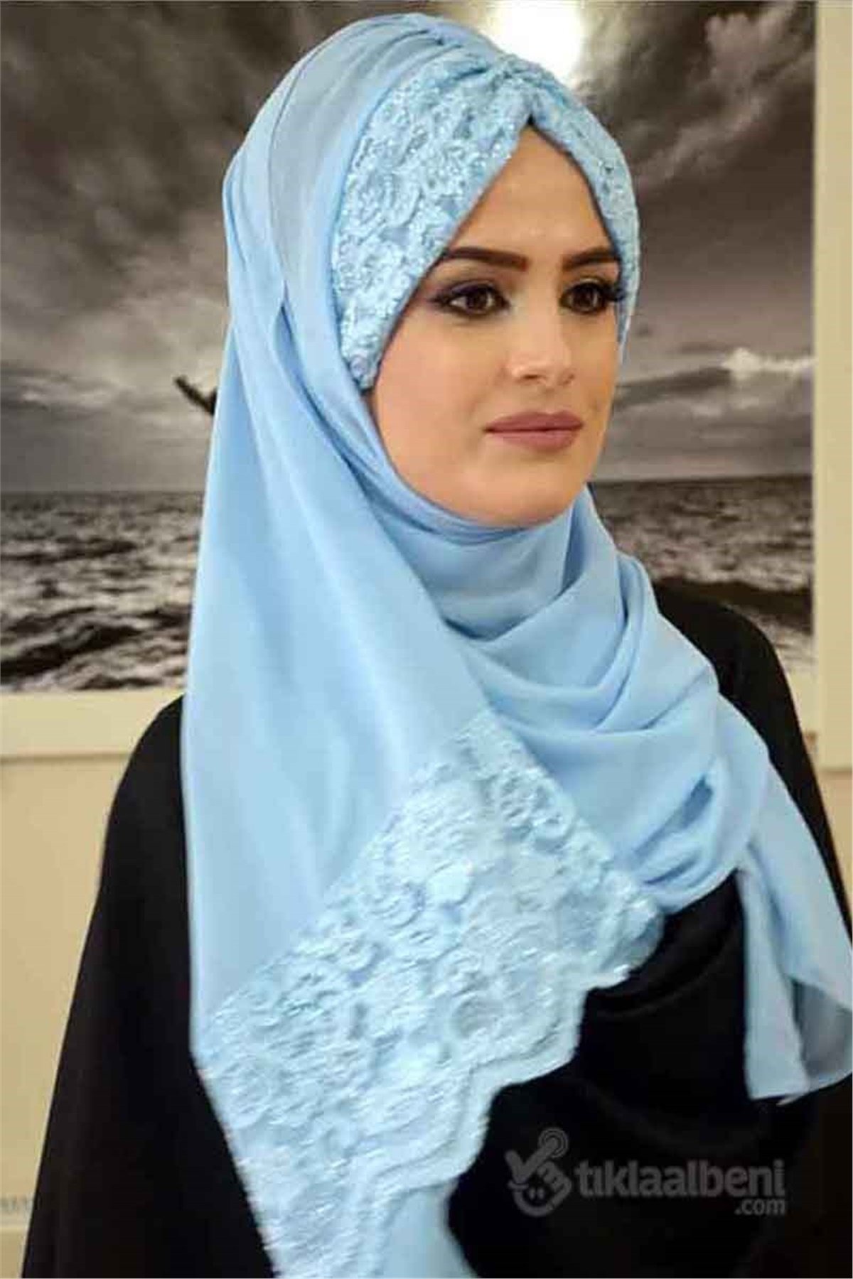 Güpürlü Bebe Mavi Abiye Tesettür Bone hz1021