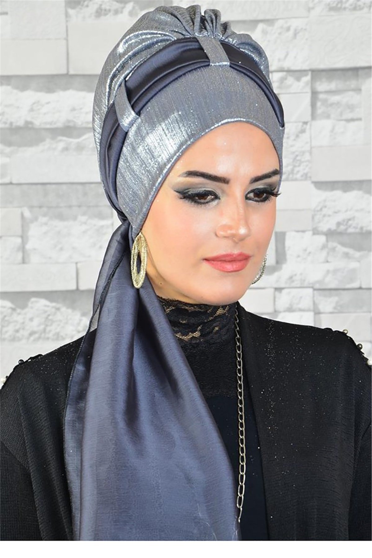 Işıltılı Antrasit Abiye Fularlı Bone bna035