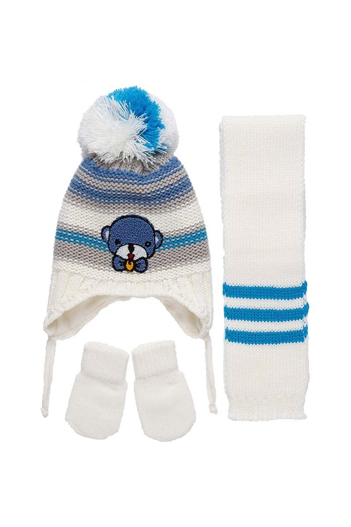 Jake 0-18 Aylık Erkek Bebek Atkı Bere Eldiven Takımı Beyaz  - K9905