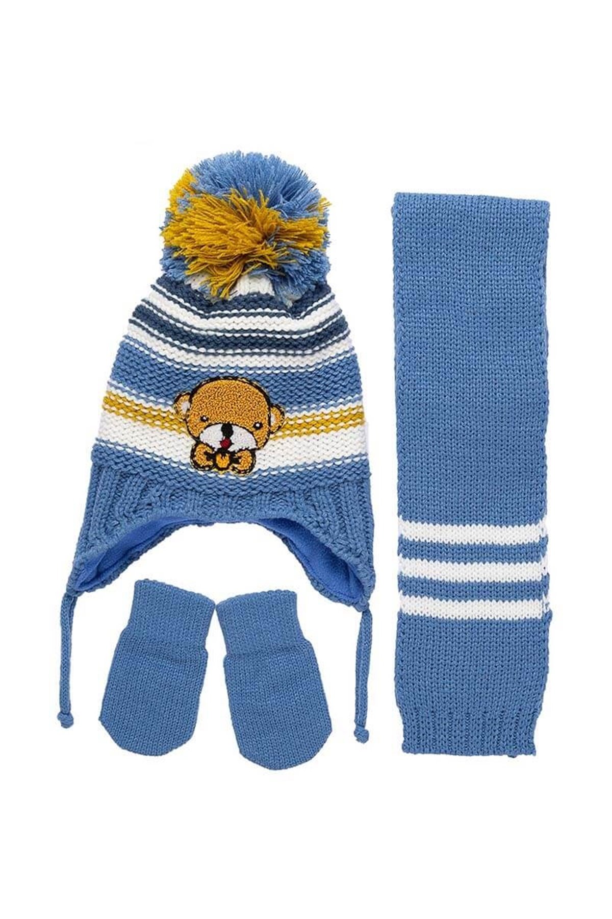 Jake 0-18 Aylık Erkek Bebek Atkı Bere Eldiven Takımı Mavi - K9905