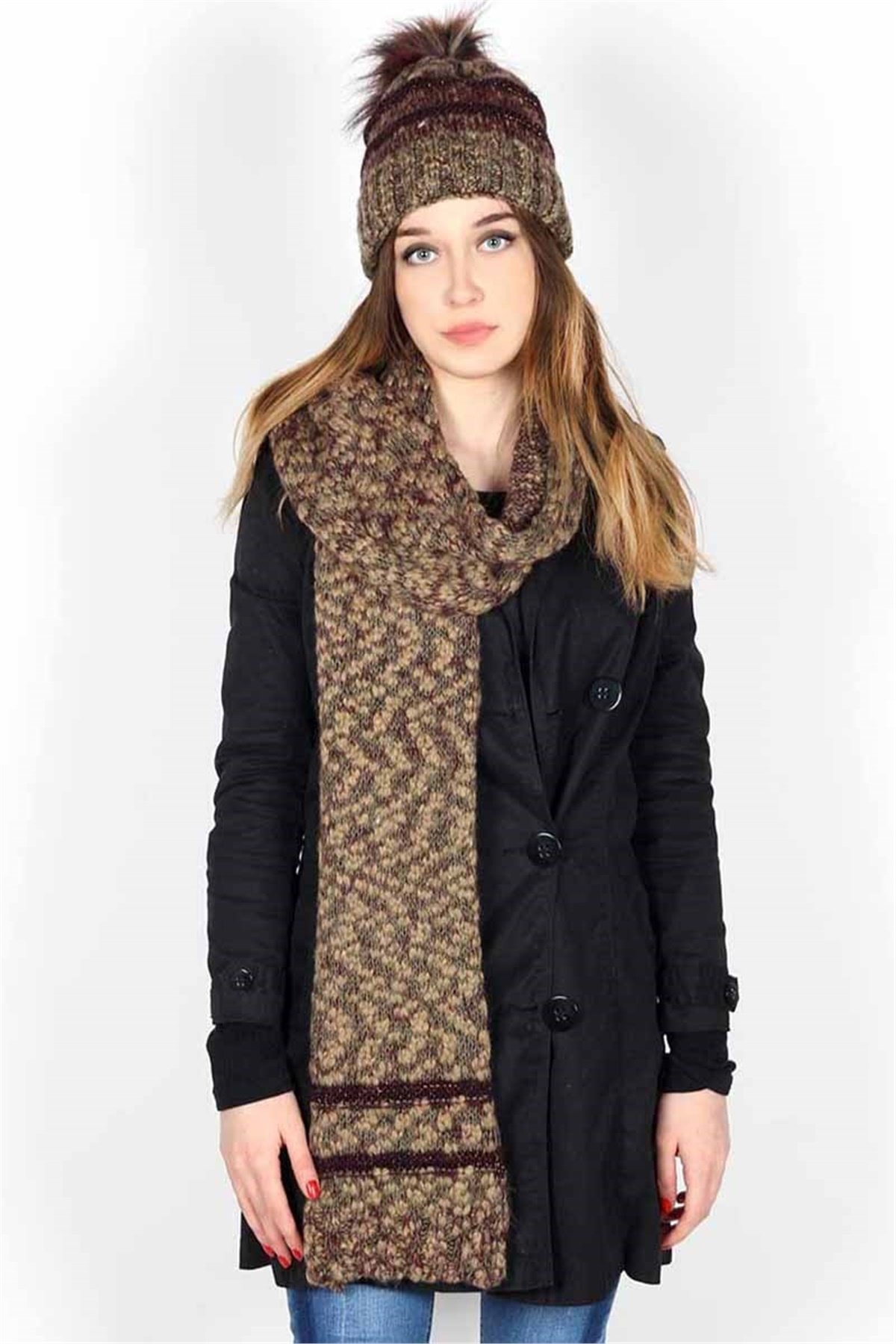 Kadın Atkı Bere Seti Style  13579 - Haki