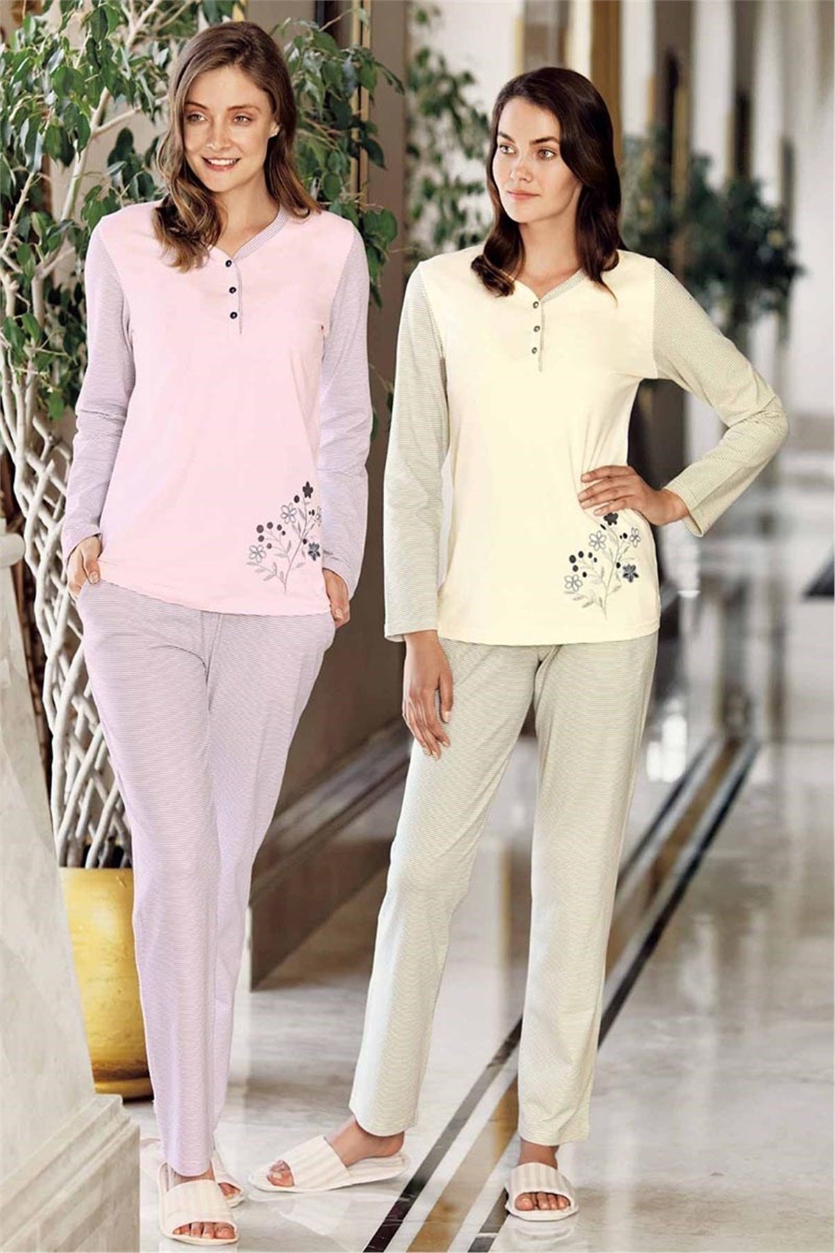 Kadın Sarı Çiçekli Pijama Takımı 1064 