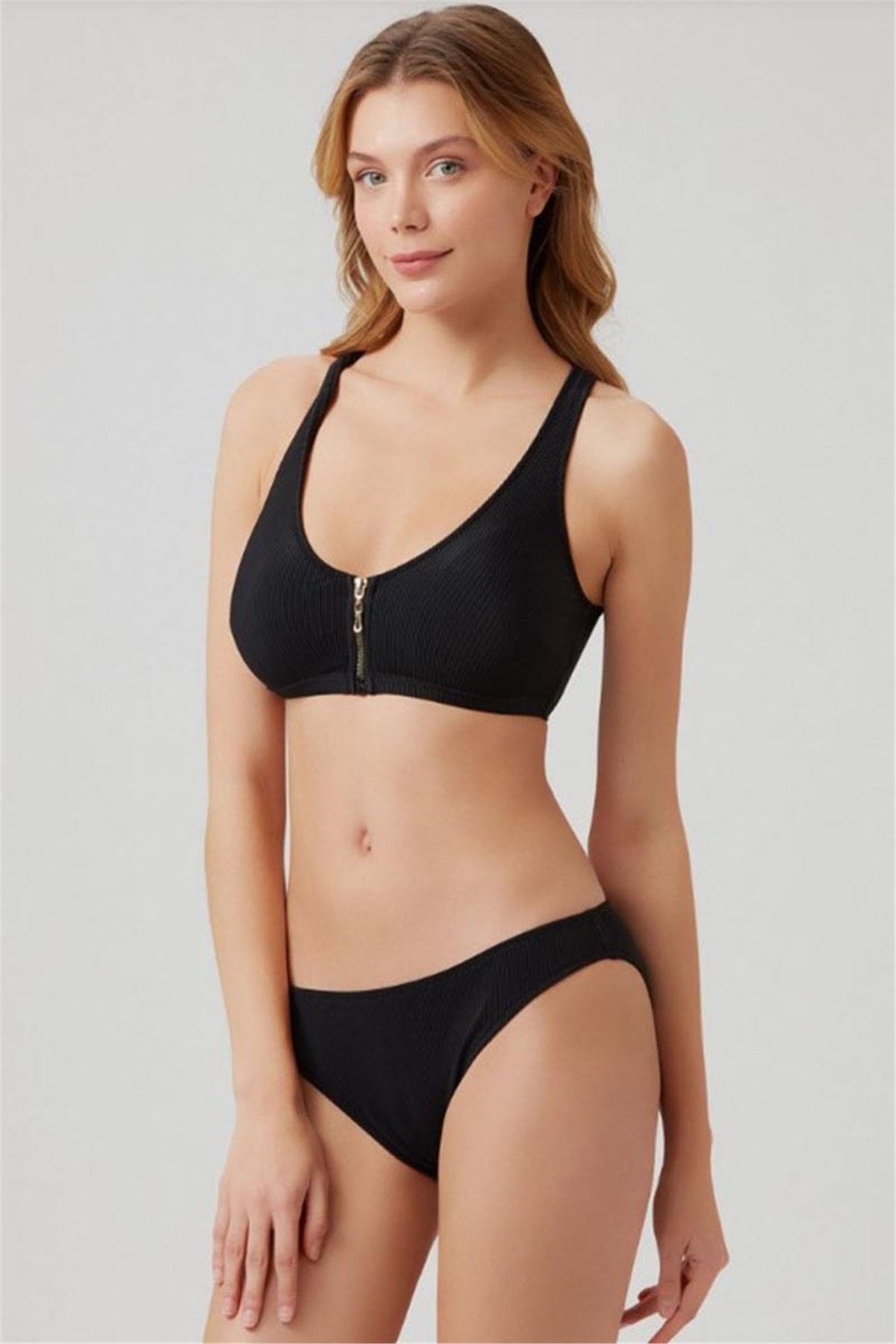 Kom Bikini  Fermuar Detaylı, Siyah Kadın Büstiyer  Bikini KM207