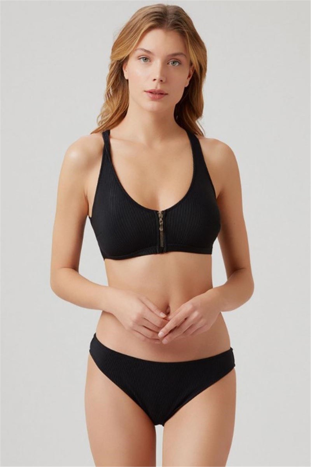 Kom Bikini  Fermuar Detaylı, Siyah Kadın Büstiyer  Bikini KM207