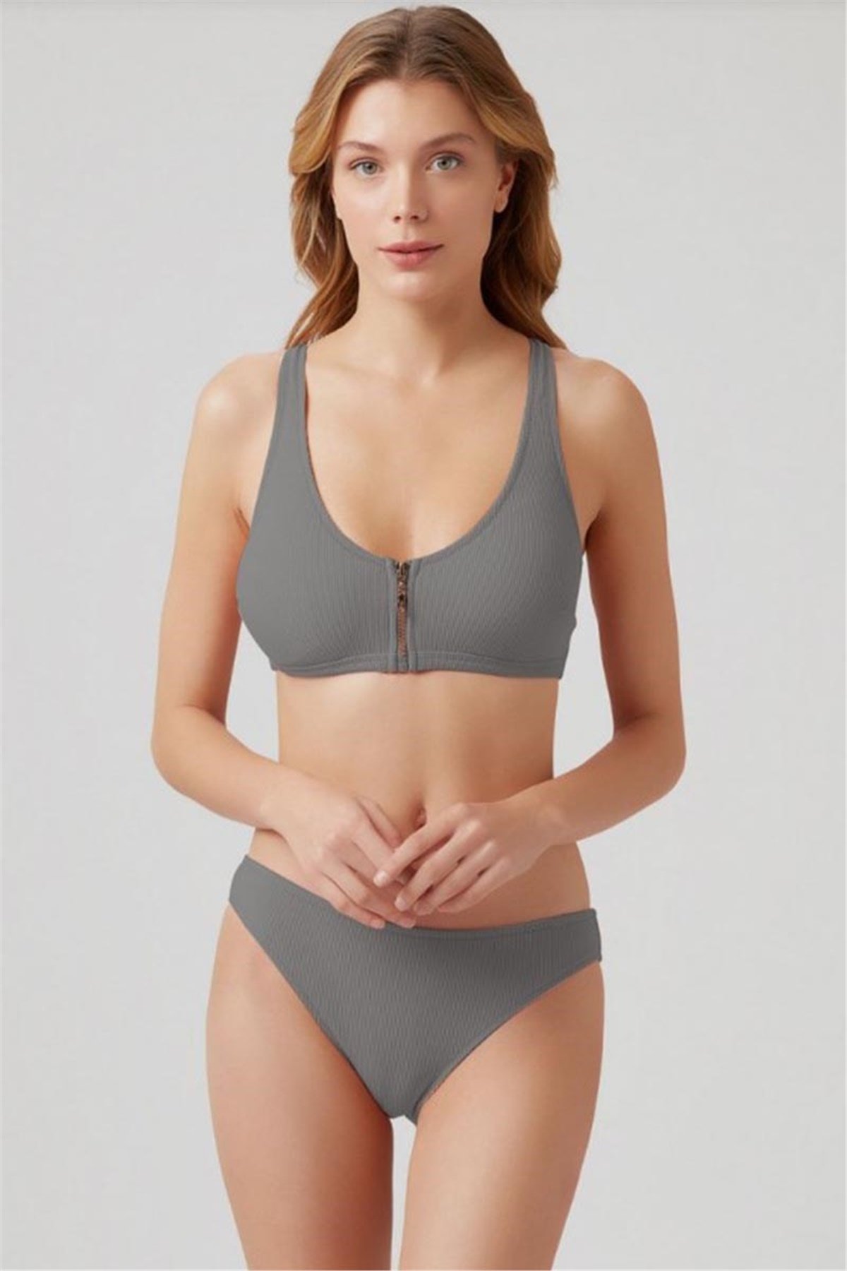 Kom Bikini Modelleri, Gri Fermuar Detaylı Kadın Bikini KM207-2