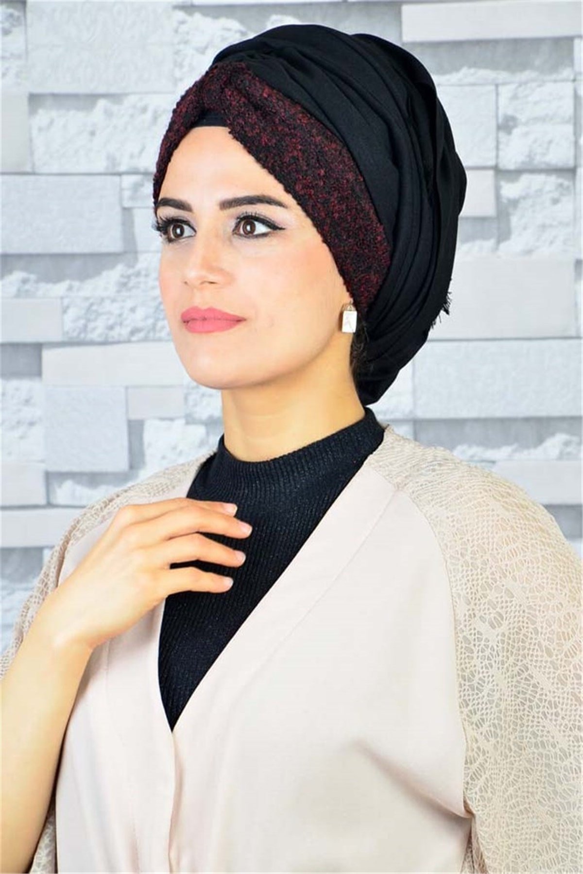 Koton Bandana Pratik Hazır Bone Şal Siyah Bordo BND010